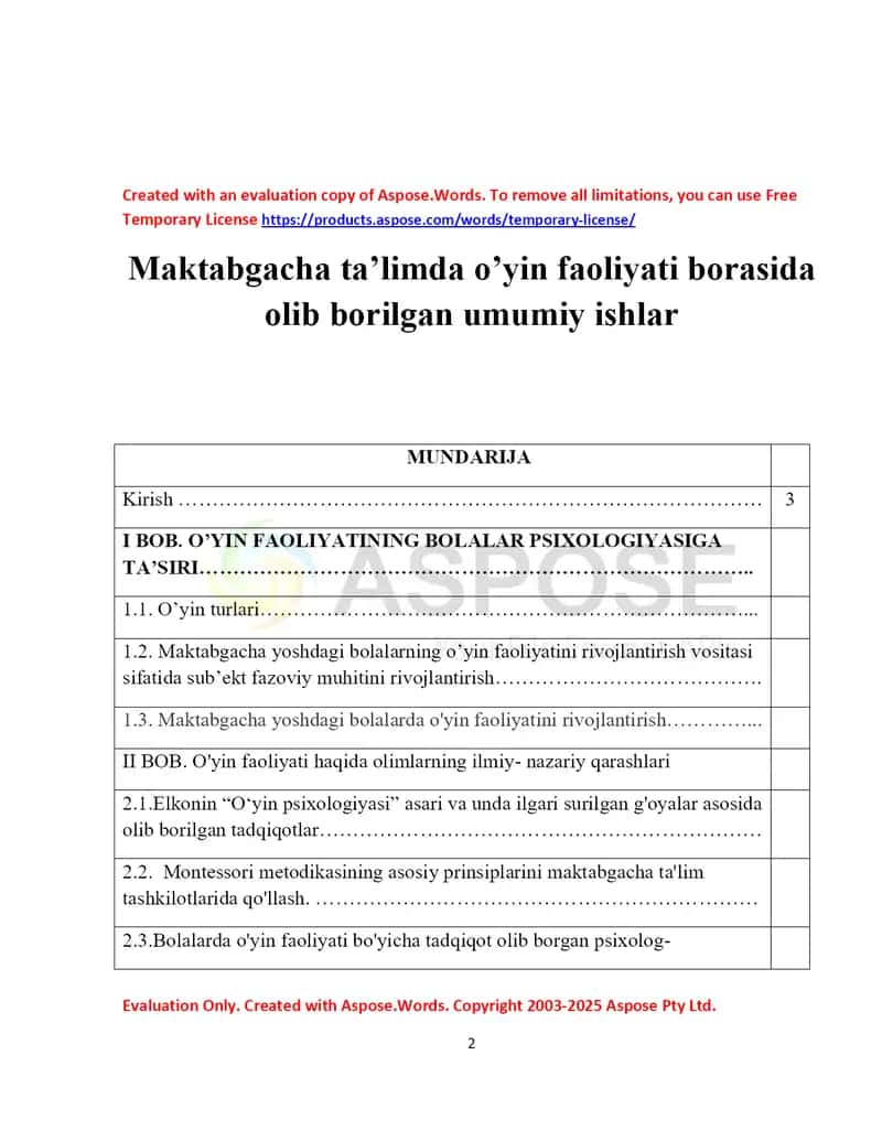 Maktabgacha ta’limda o’yin faoliyati borasida olib borilgan umumiy ishlar 1