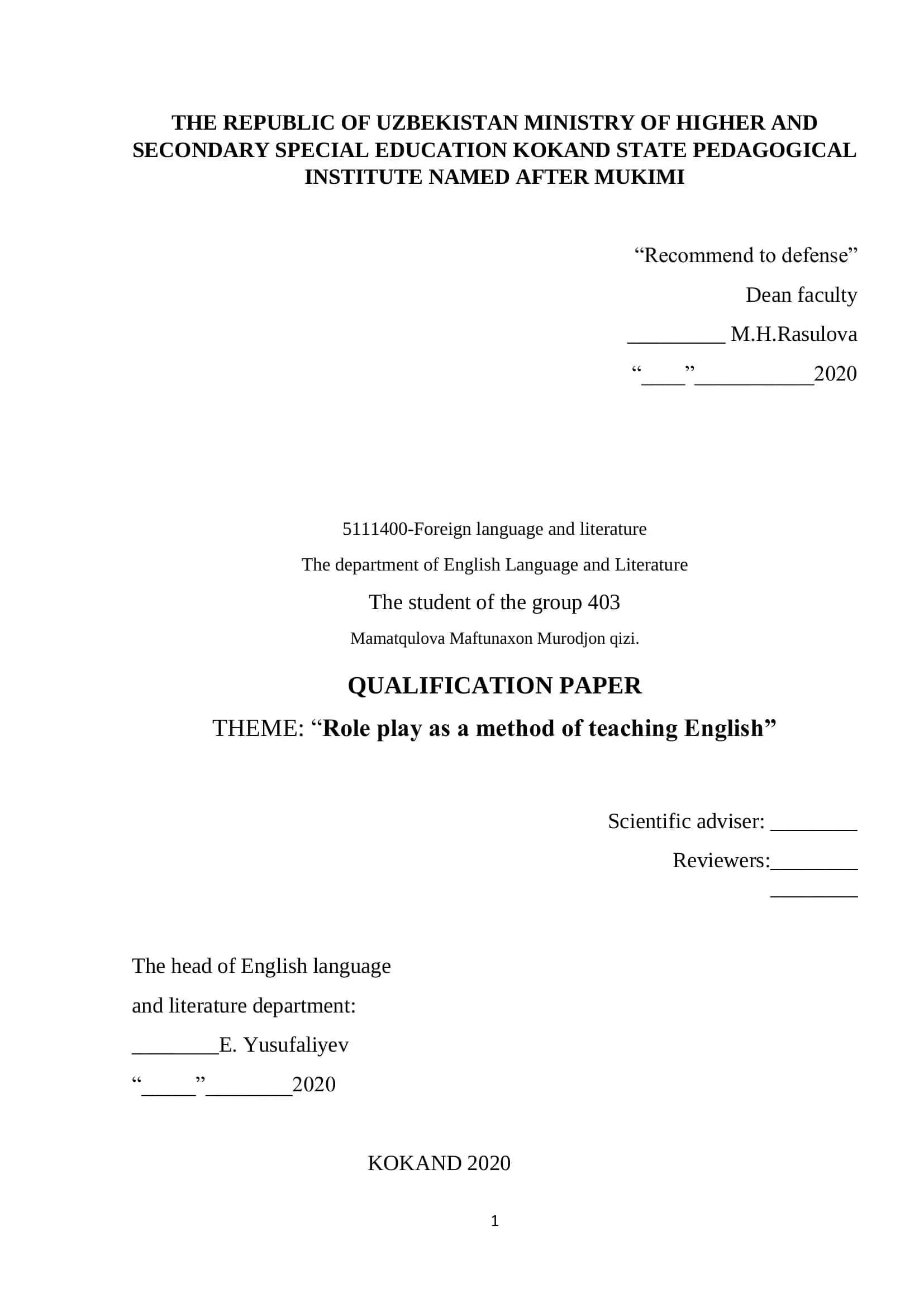 Role play as a method of teaching English 1