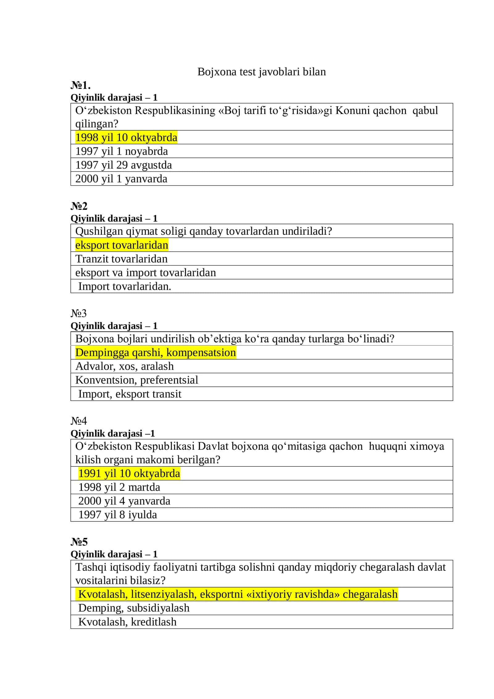 Bojxona qo‘mitasiga ishga kirish uchun test savol-javoblar to‘plami 1