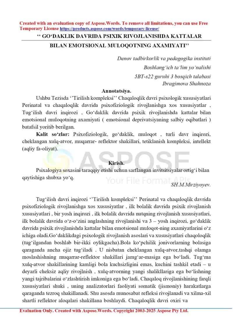 Go‘daklik davrida psixik rivojlanishda kattalar bilan emotsional muloqotning ahamiyati 1