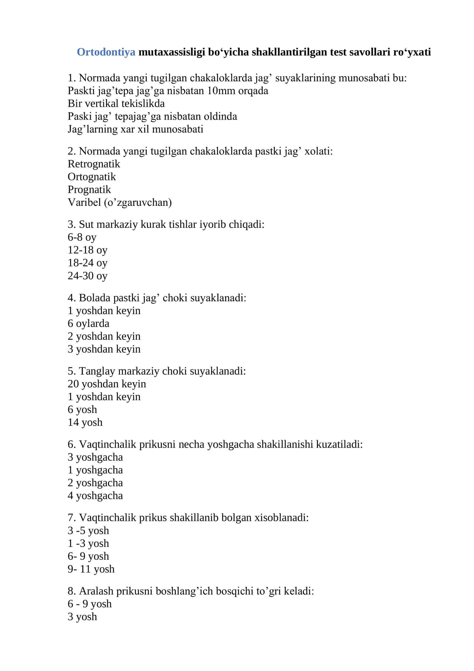 Ortodontiya Mutaxassisligi Test Savollari Ro'yxati 2026 1