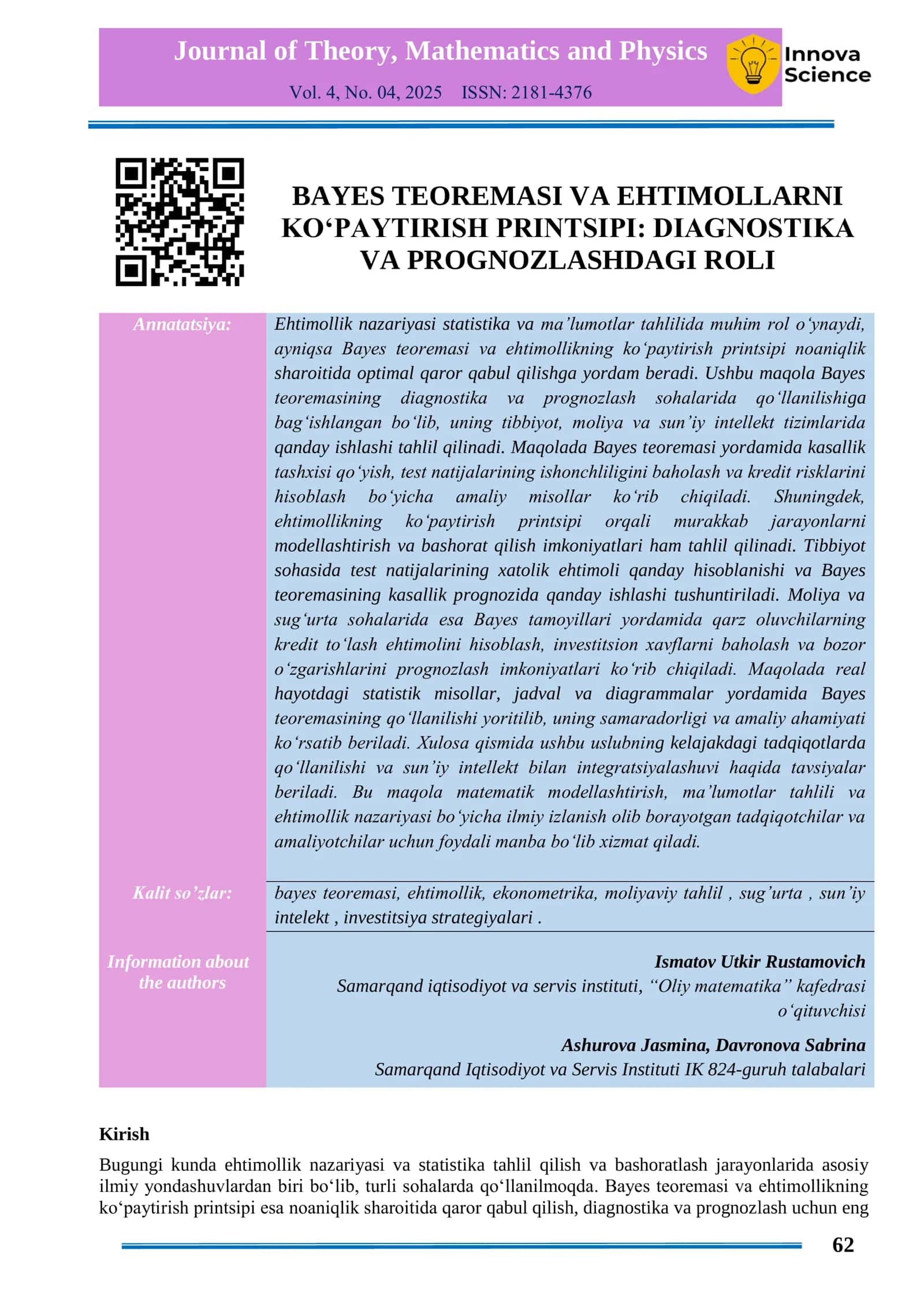 Bayes teoremasi va ehtimollarni ko‘paytirish printsipi: Diagnostika va prognozlashdagi roli 1