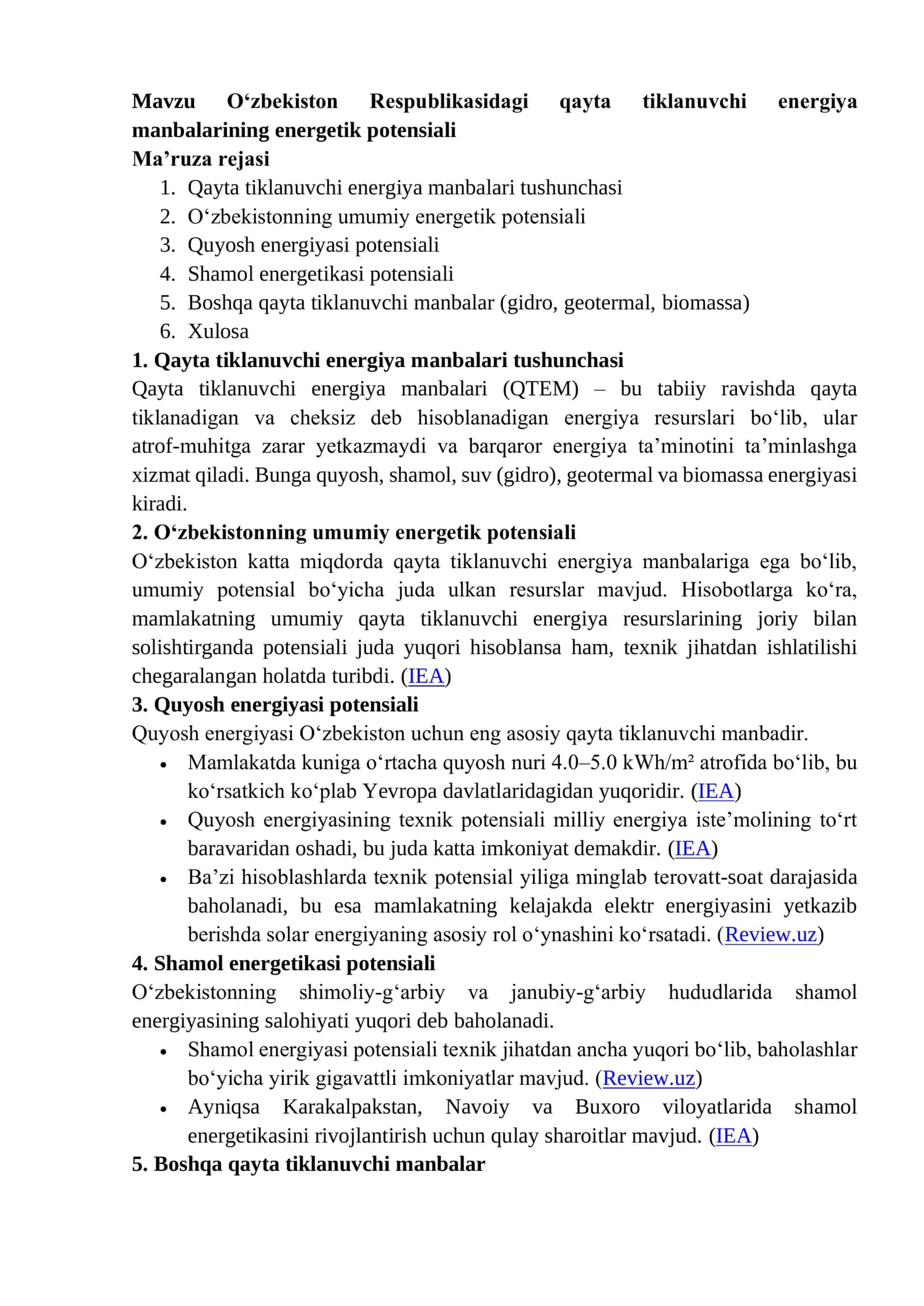 Qayta tiklanuvchi energiya manbalarining energetik potensiali 1