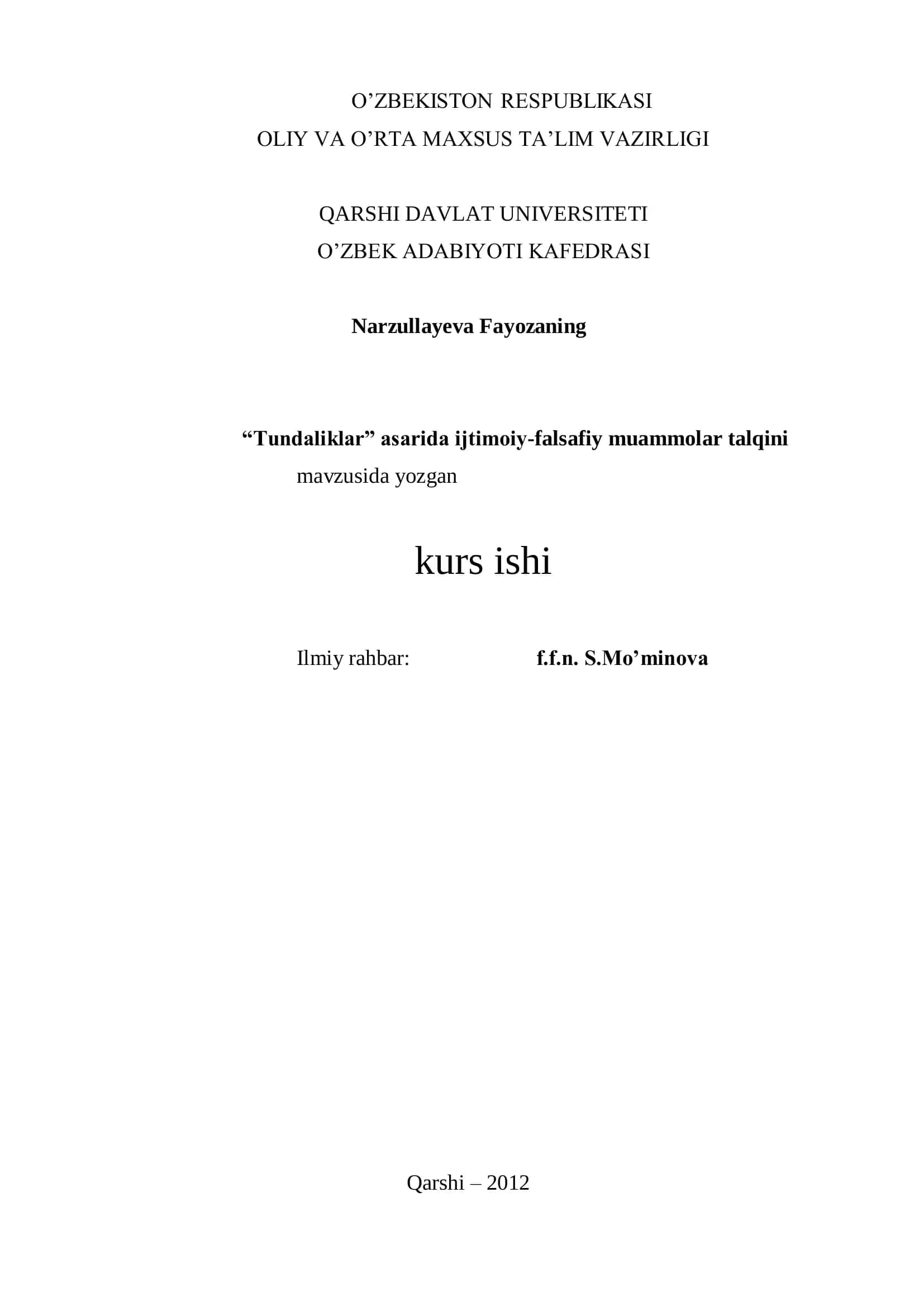 “Tundaliklar” asarida ijtimoiy-falsafiy muammolar talqini 1
