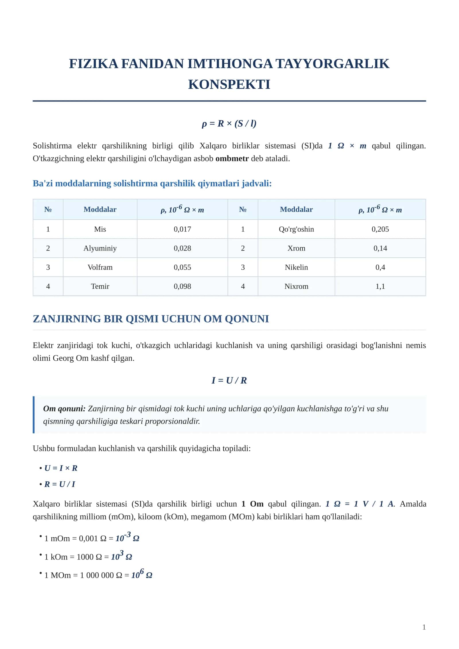 FIZIKA FANIDAN IMTIHONGA TAYYORGARLIK KONSPEKTI 1