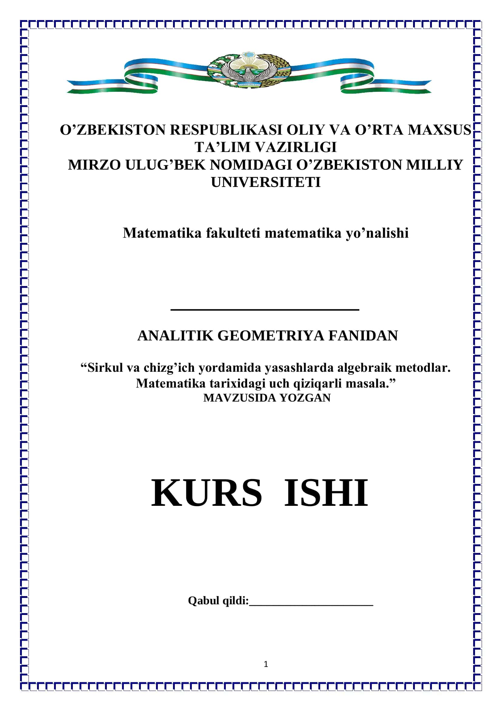 Sirkul va chizg’ich yordamida yasashlarda algebraik metodlar. Matematika tarixidagi uch qiziqarli masala. 1
