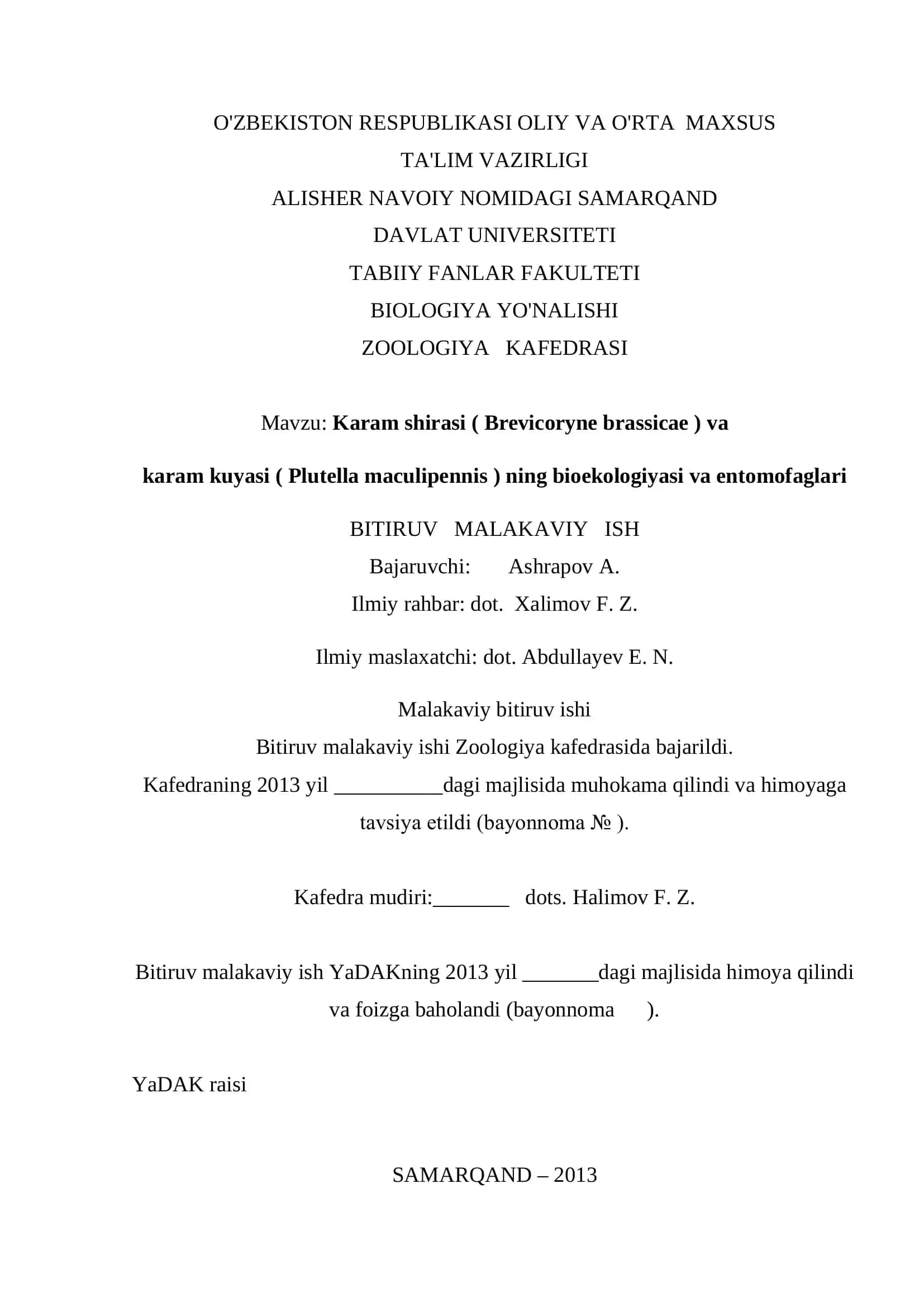 Karam shirasi ( Brevicoryne brassicae ) va karam kuyasi ( Plutella maculipennis ) ning bioekologiyasi va entomofaglari 1
