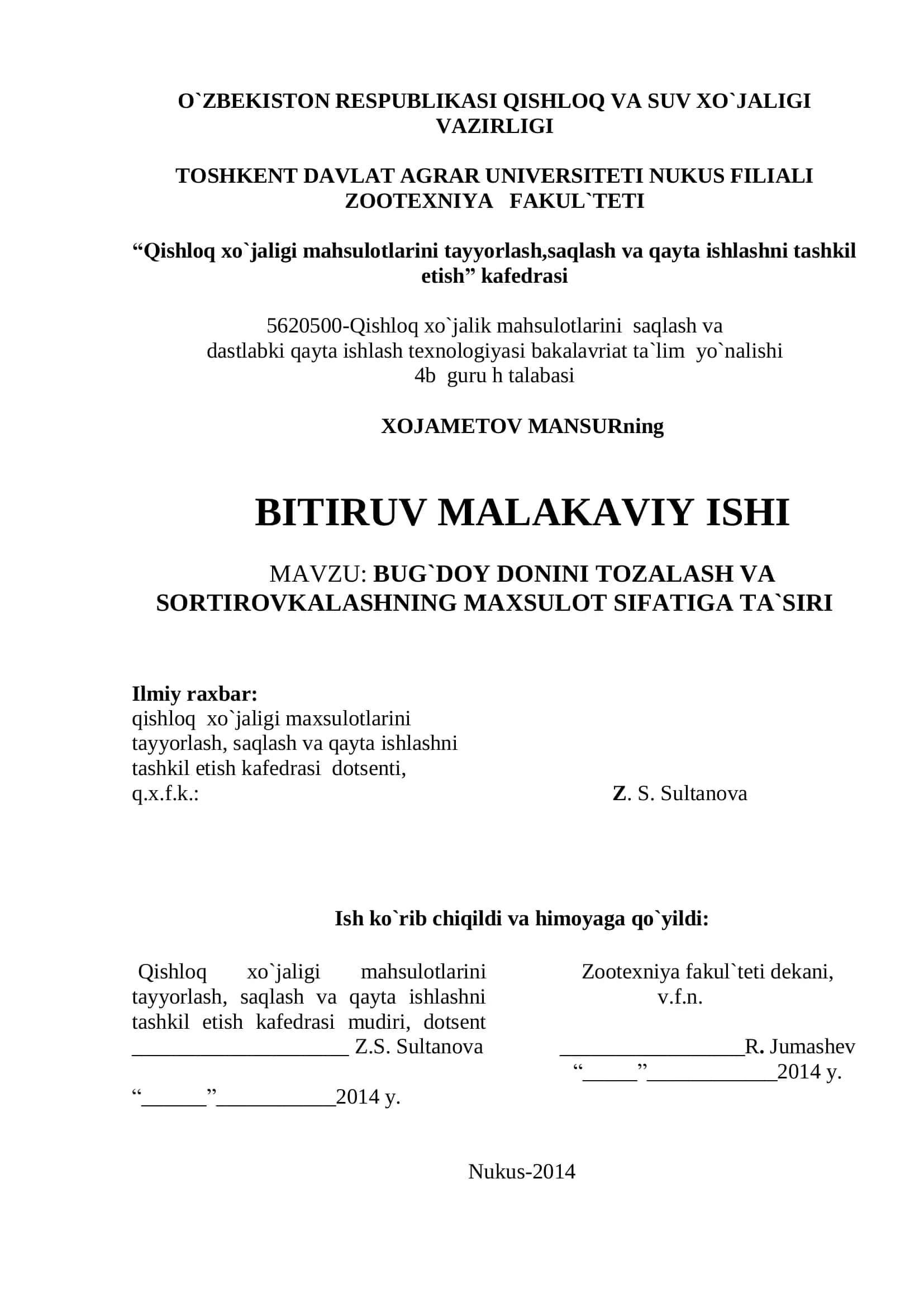 BUG`DOY DONINI TOZALASH VA SORTIROVKALASHNING MAXSULOT SIFATIGA TA`SIRI 1