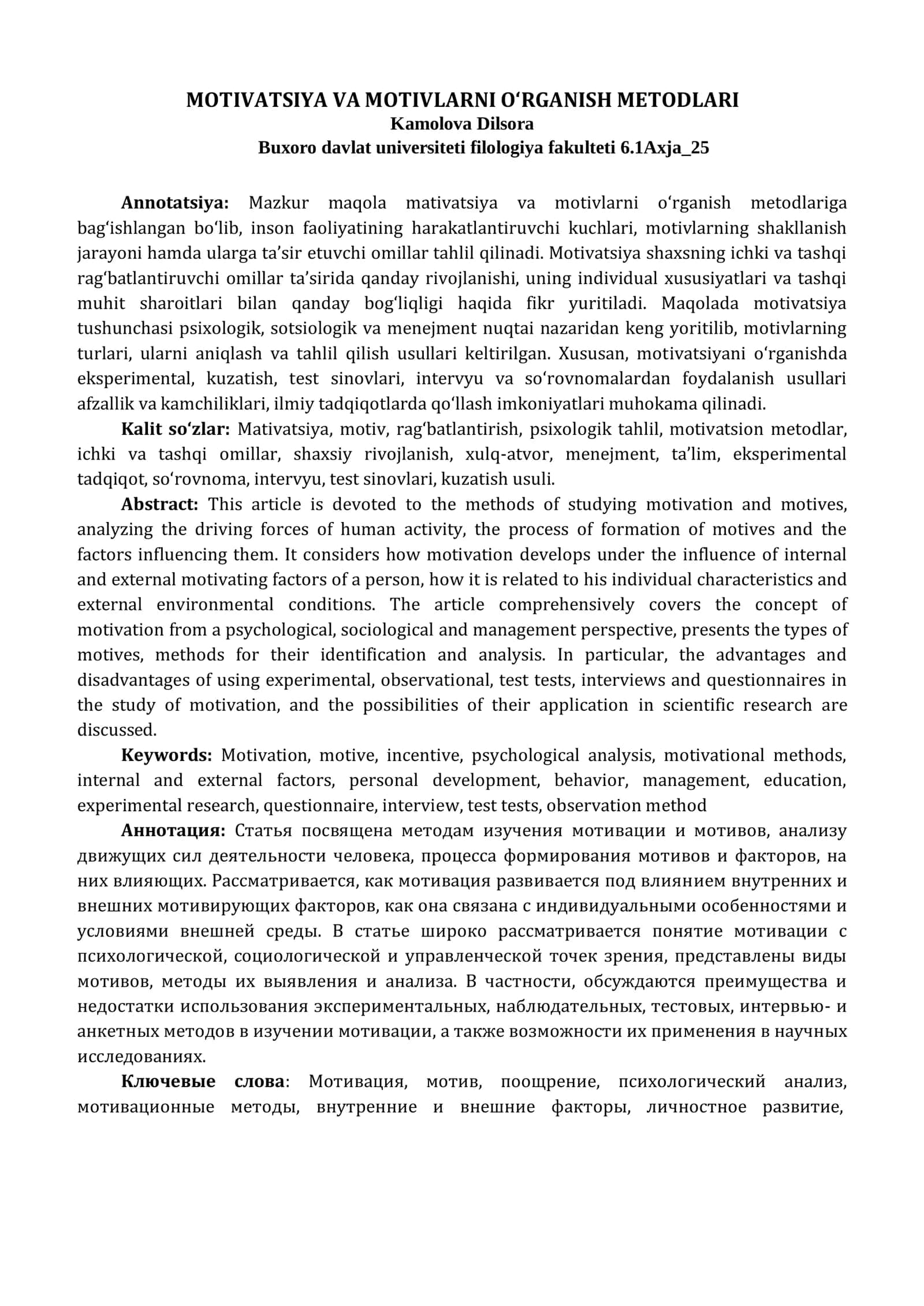 MOTIVATSIYA VA MOTIVLARNI O‘RGANISH METODLARI 1