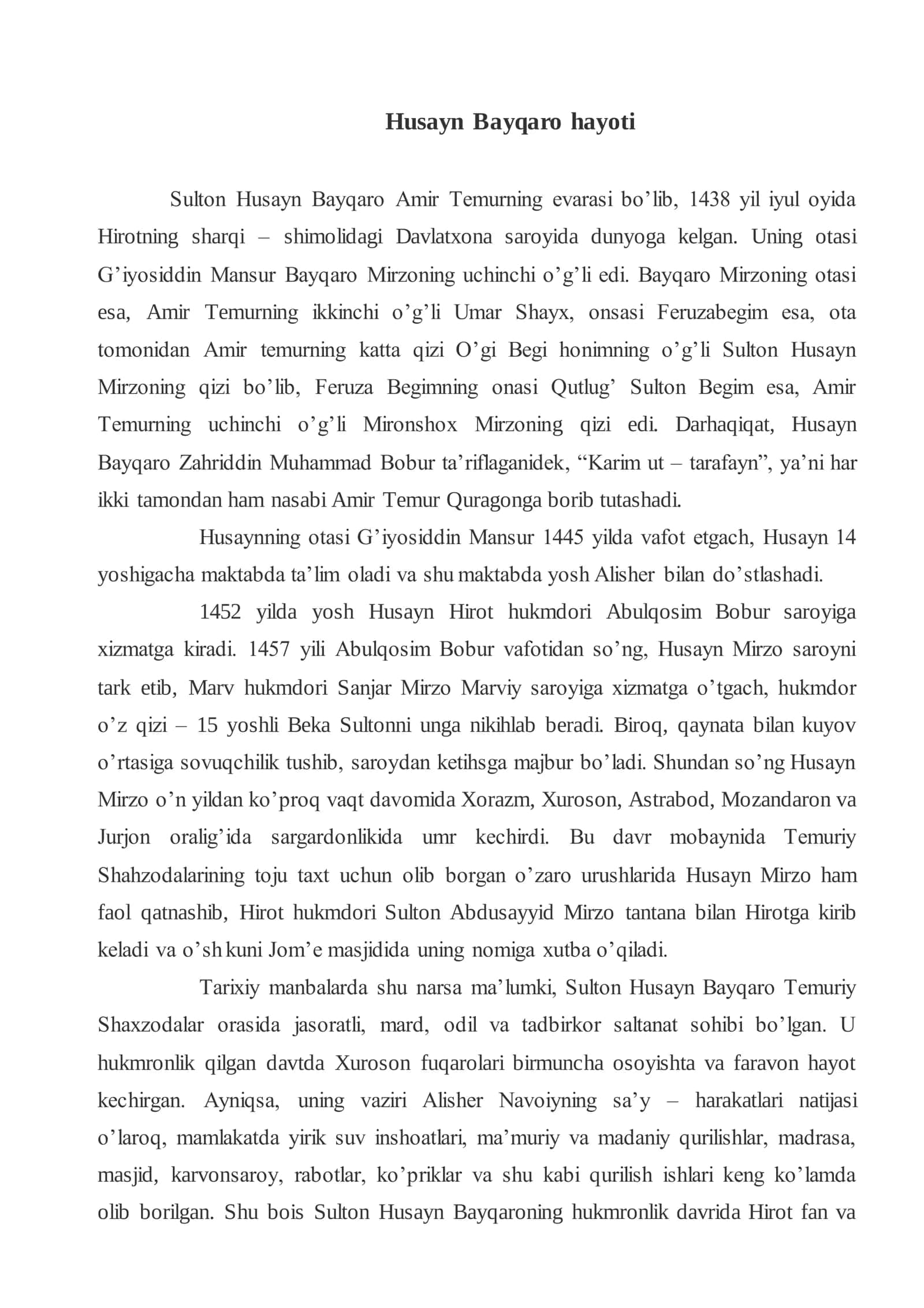 Husayn Bayqaro hayoti 1