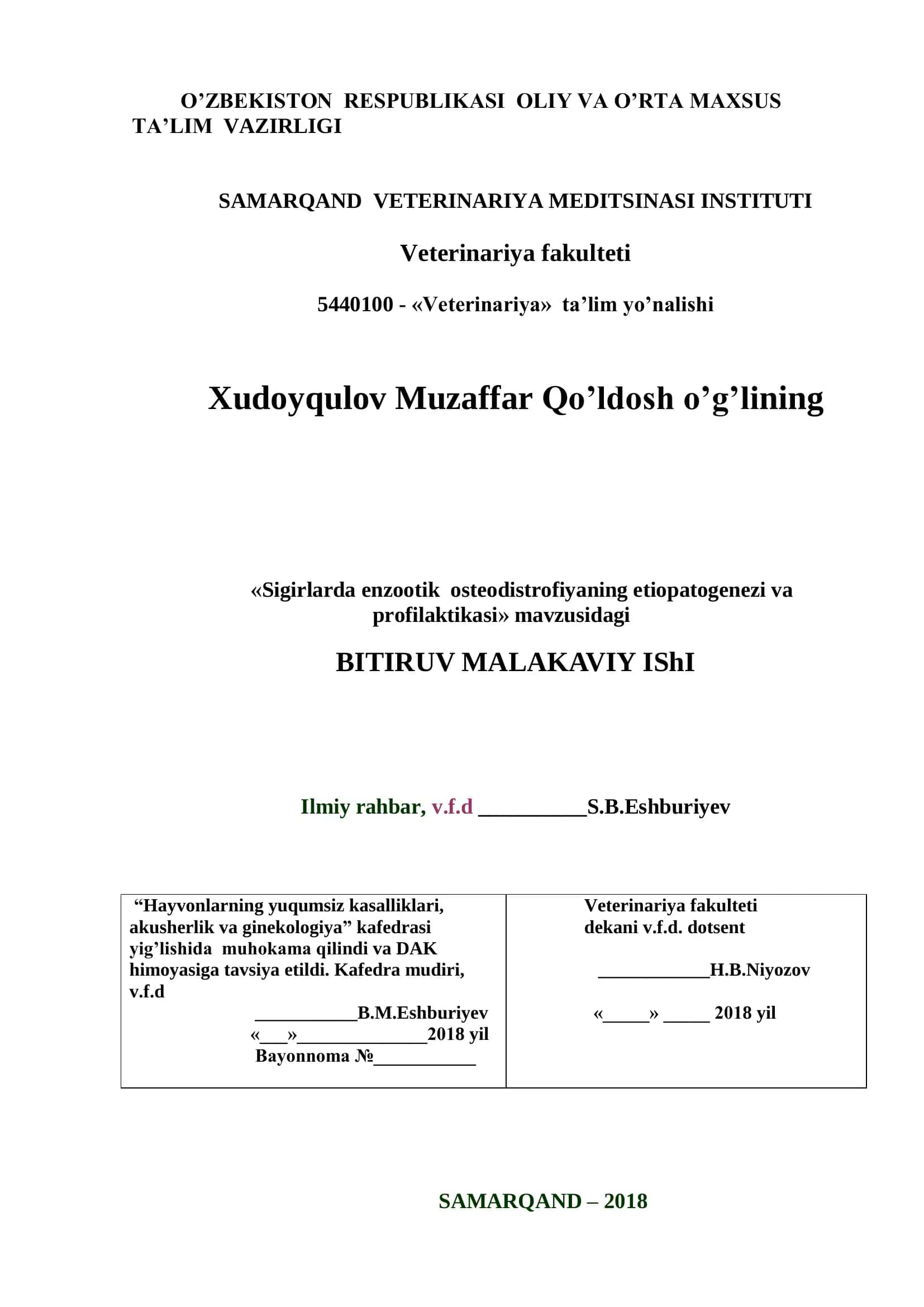 Bitiruv malakaviy ishi "Sigirlarda enzootik osteodistrofiyaning etiopatogenezi va profilaktikasi" 1