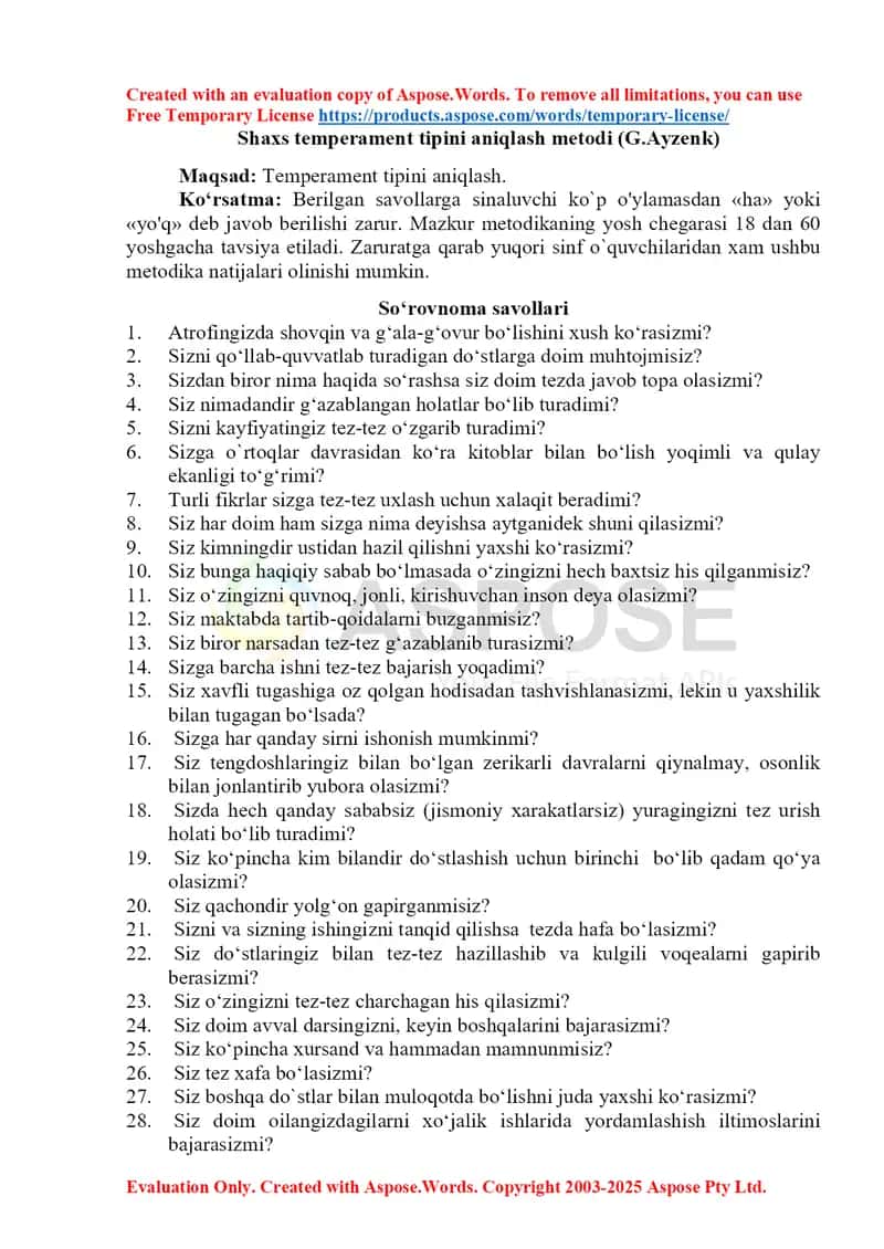 Shaxs temperament tipini aniqlash metodi (G.Ayzenk) 1