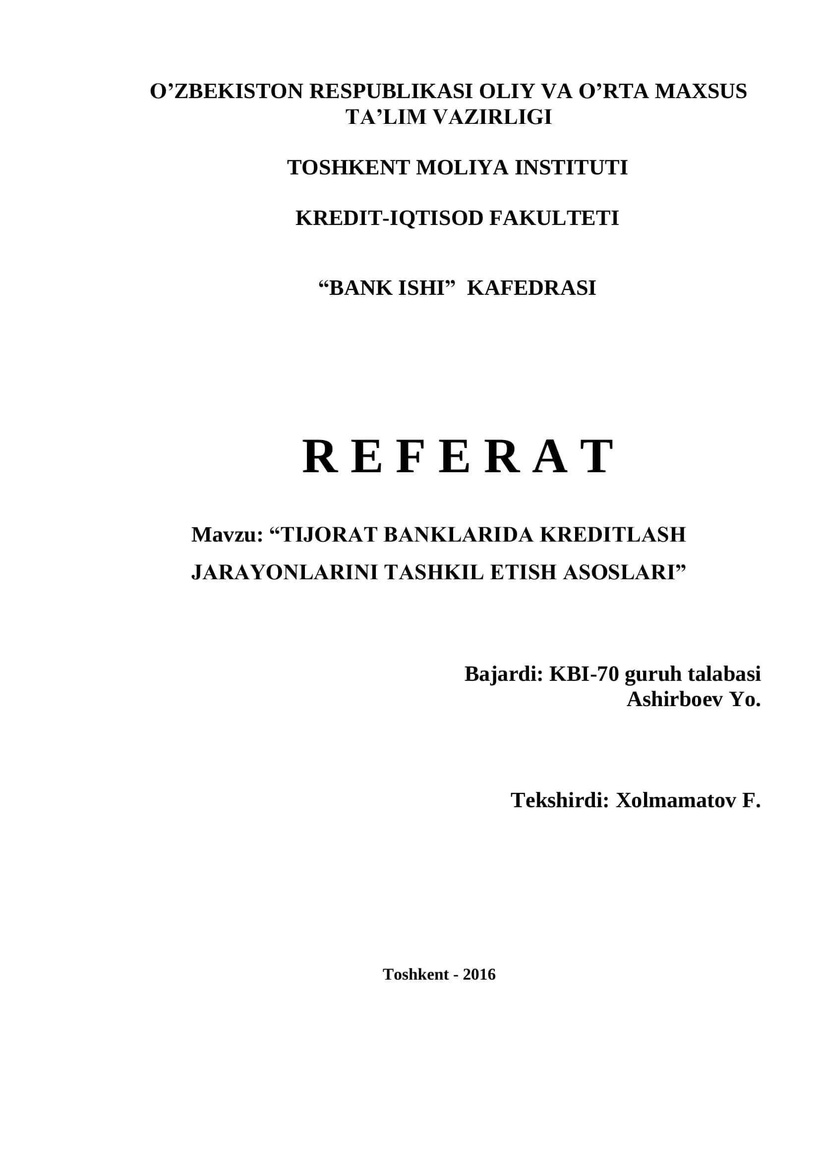 "TIJORAT BANKLARIDA KREDITLASH JARAYONLARINI TASHKIL ETISH ASOSLARI" 1