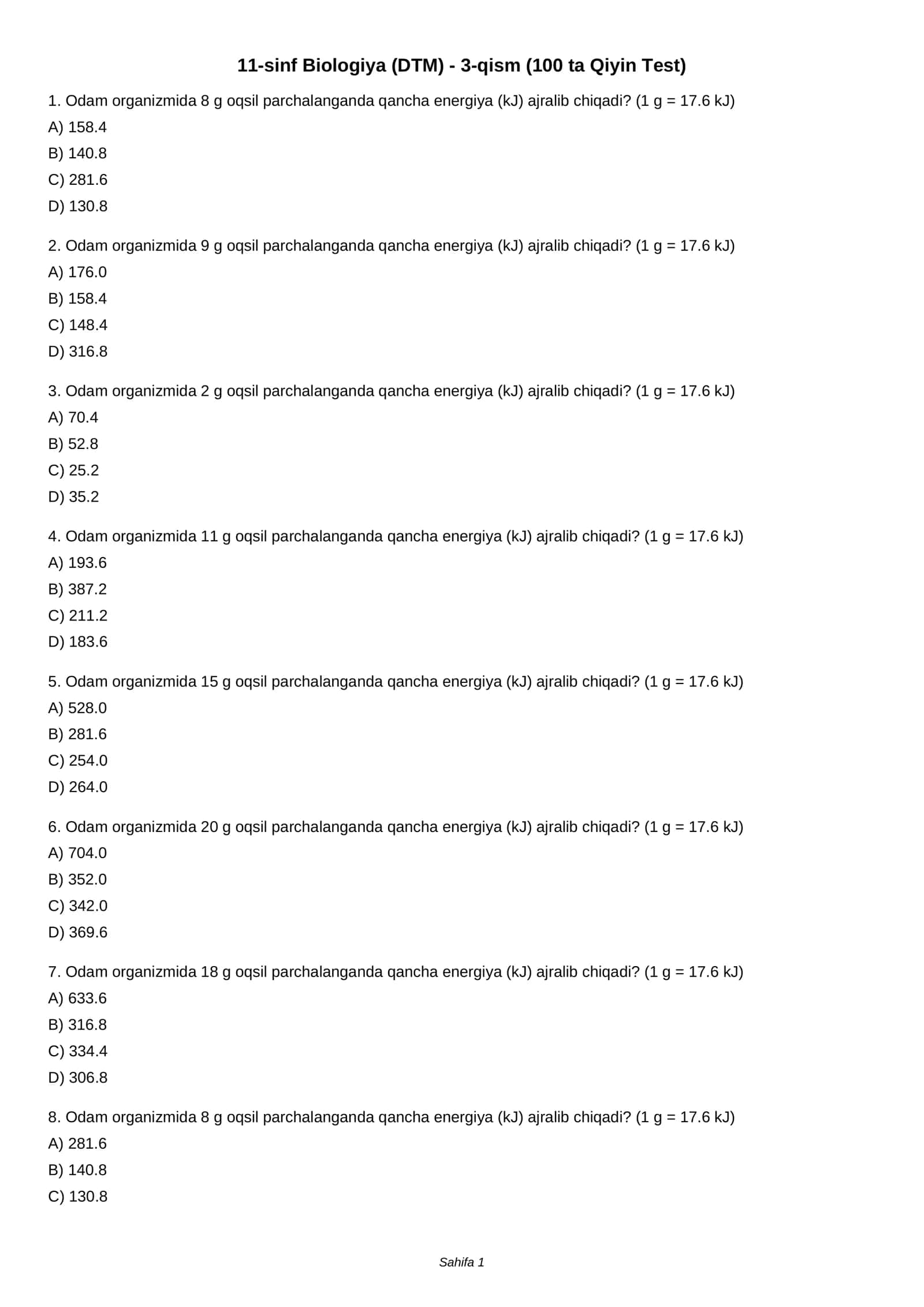 11-sinf Biologiya (DTM) - 3-qism (100 ta Qiyin Test) 1