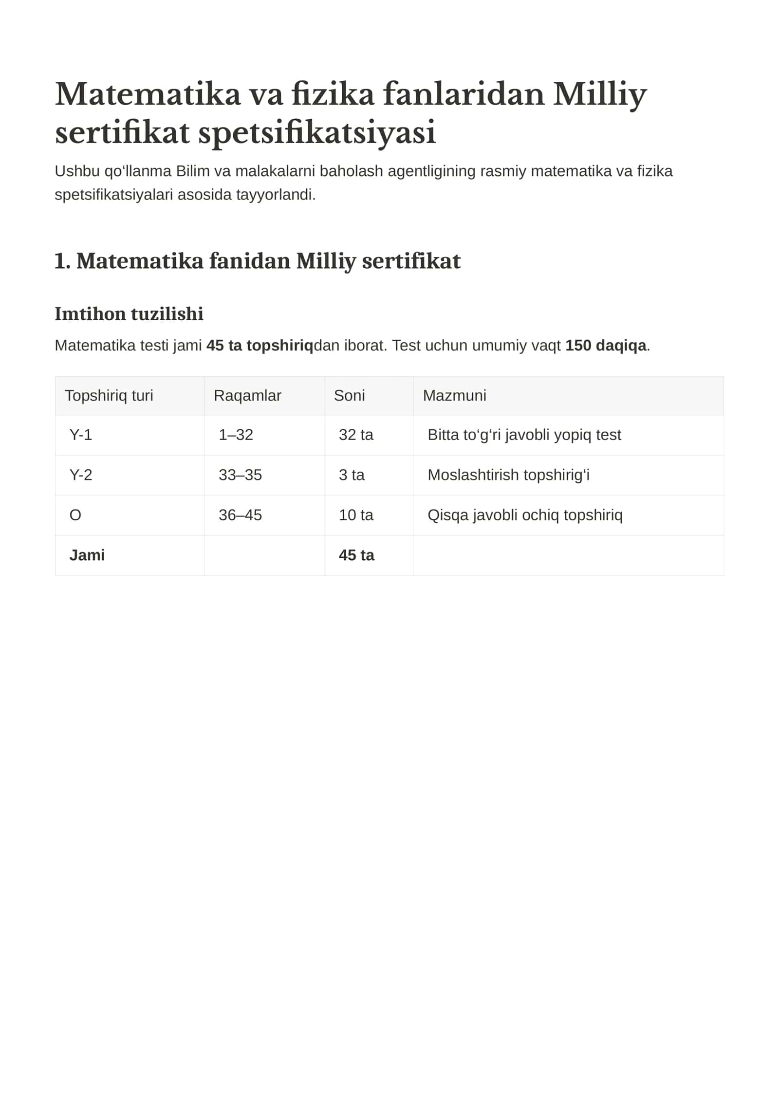 Matematika va fizika fanlaridan Milliy sertifikat spetsifikatsiyasi 1