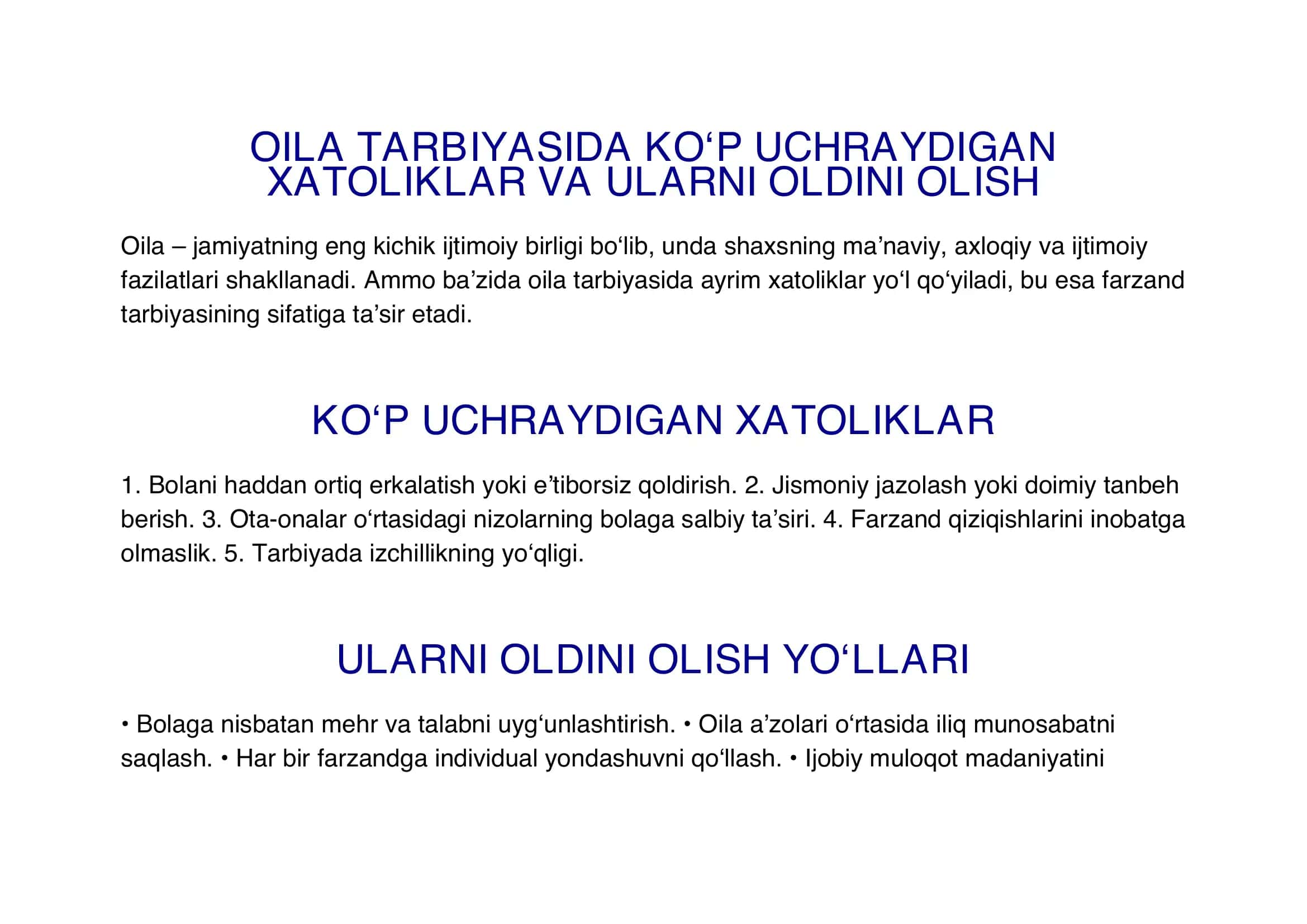 Oila tarbiyasida ko‘p uchraydigan xatoliklar va ularni oldini olish 1