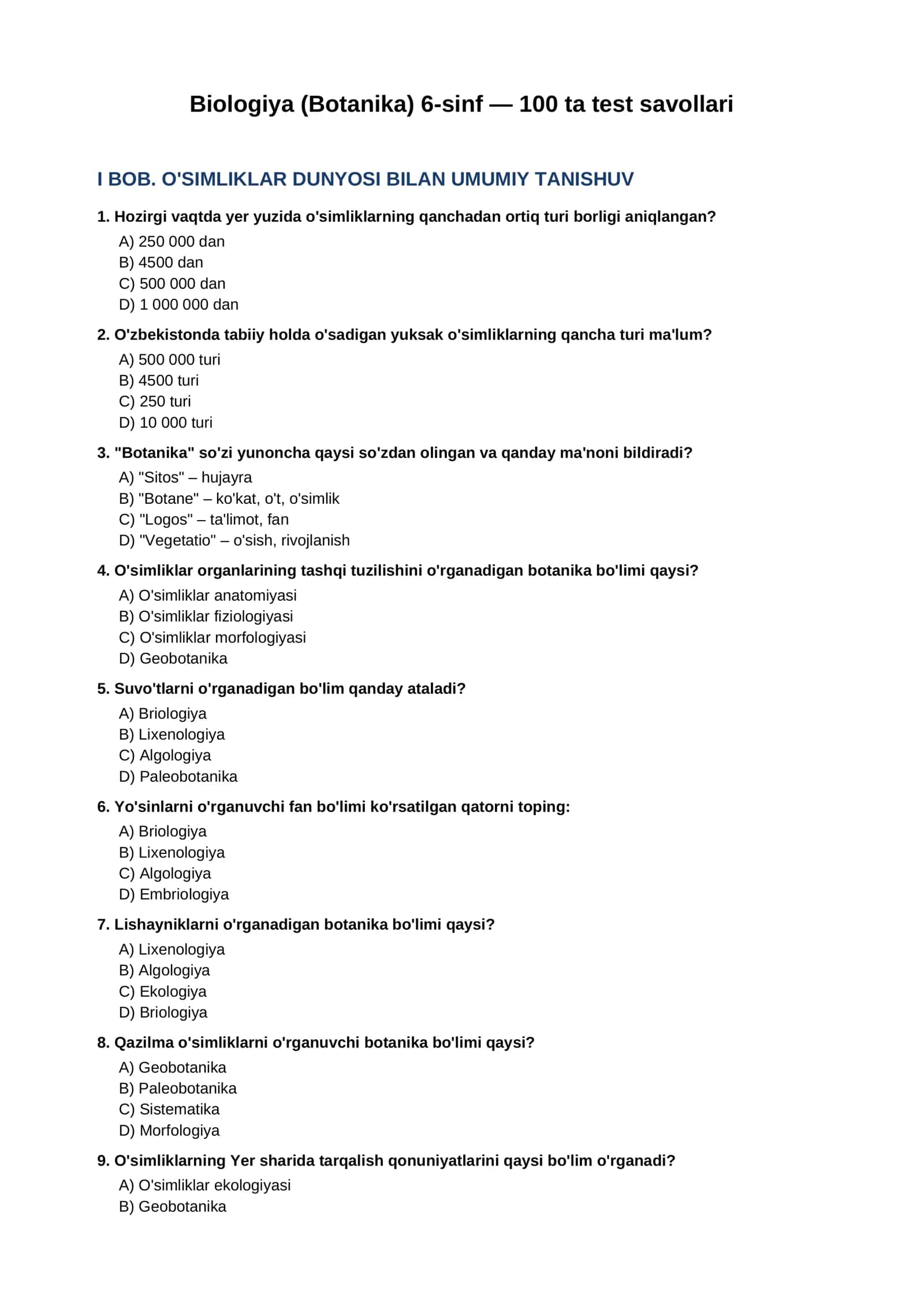 Biologiya (Botanika) 6-sinf — 100 ta test savollari 1