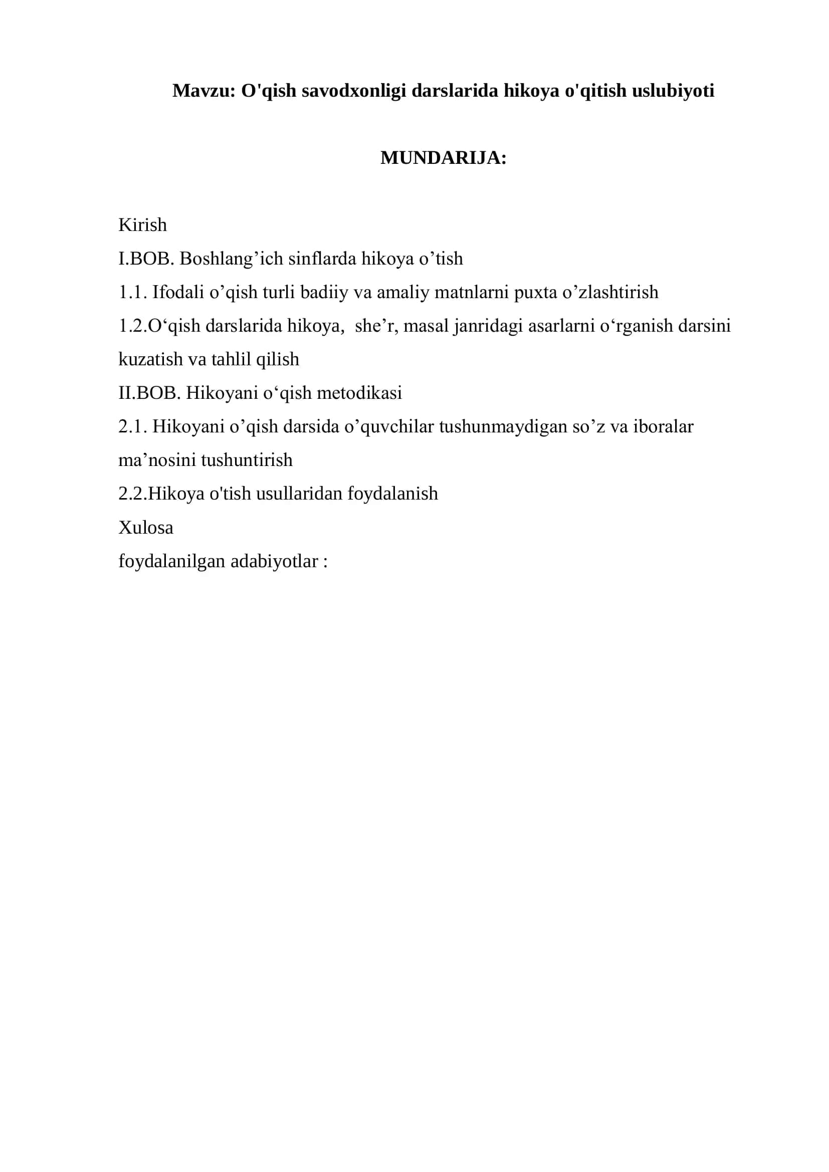 O'qish savodxonligi darslarida hikoya o'qitish uslubiyoti 1