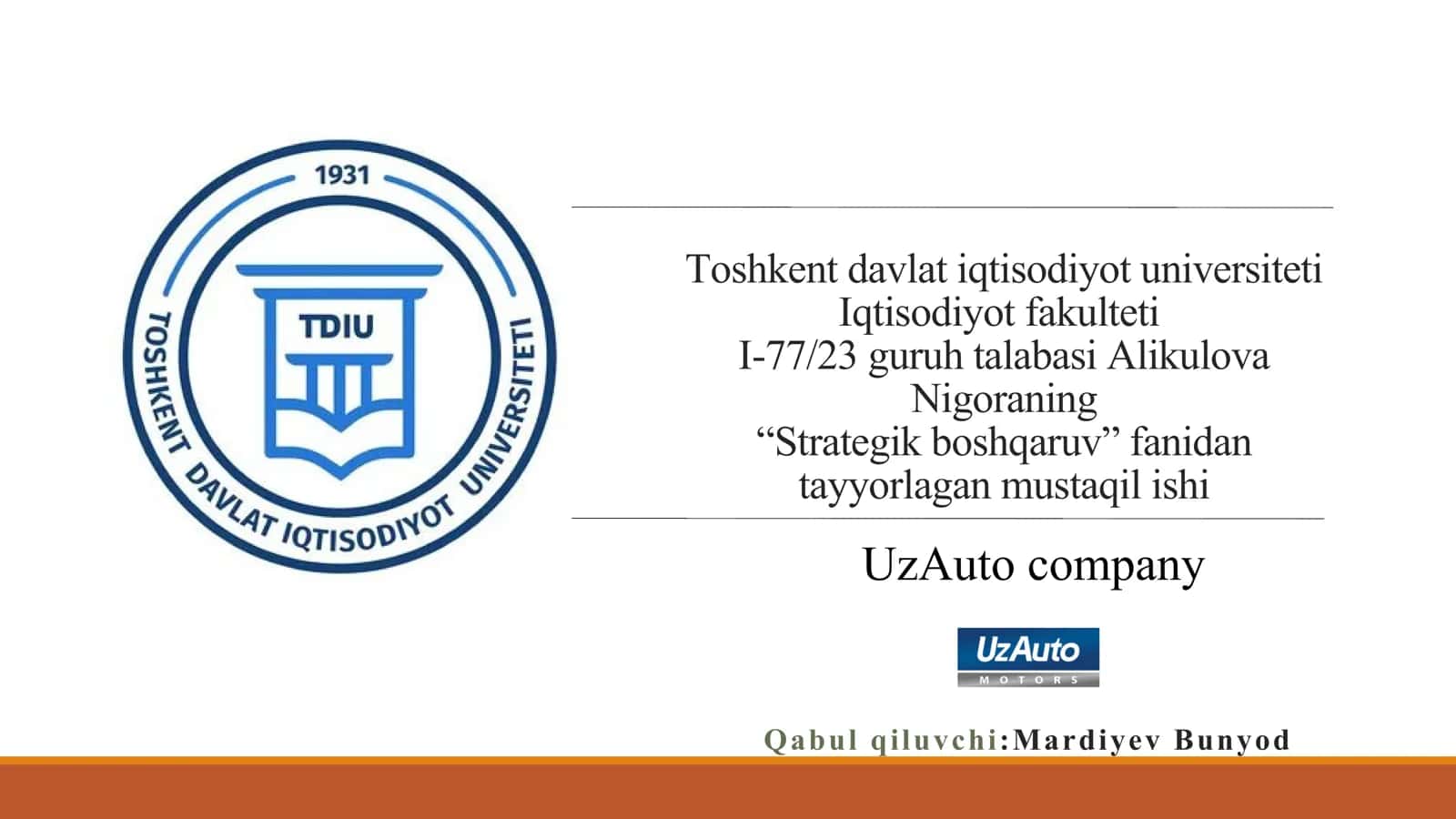 "Strategik boshqaruv" fanidan tayyorlagan mustaqil ishi 1