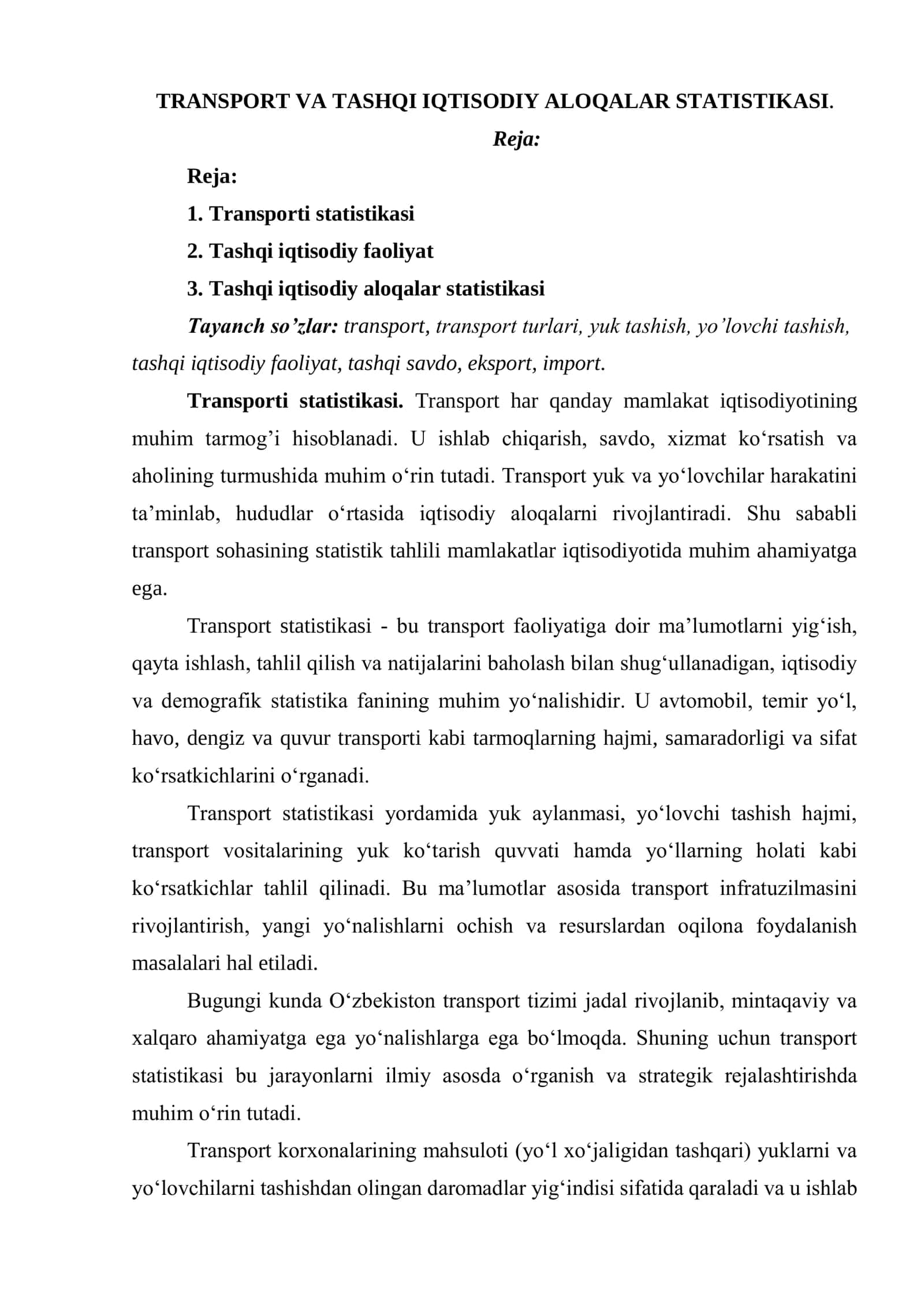 TRANSPORT VA TASHQI IQTISODIY ALOQALAR STATISTIKASI 1