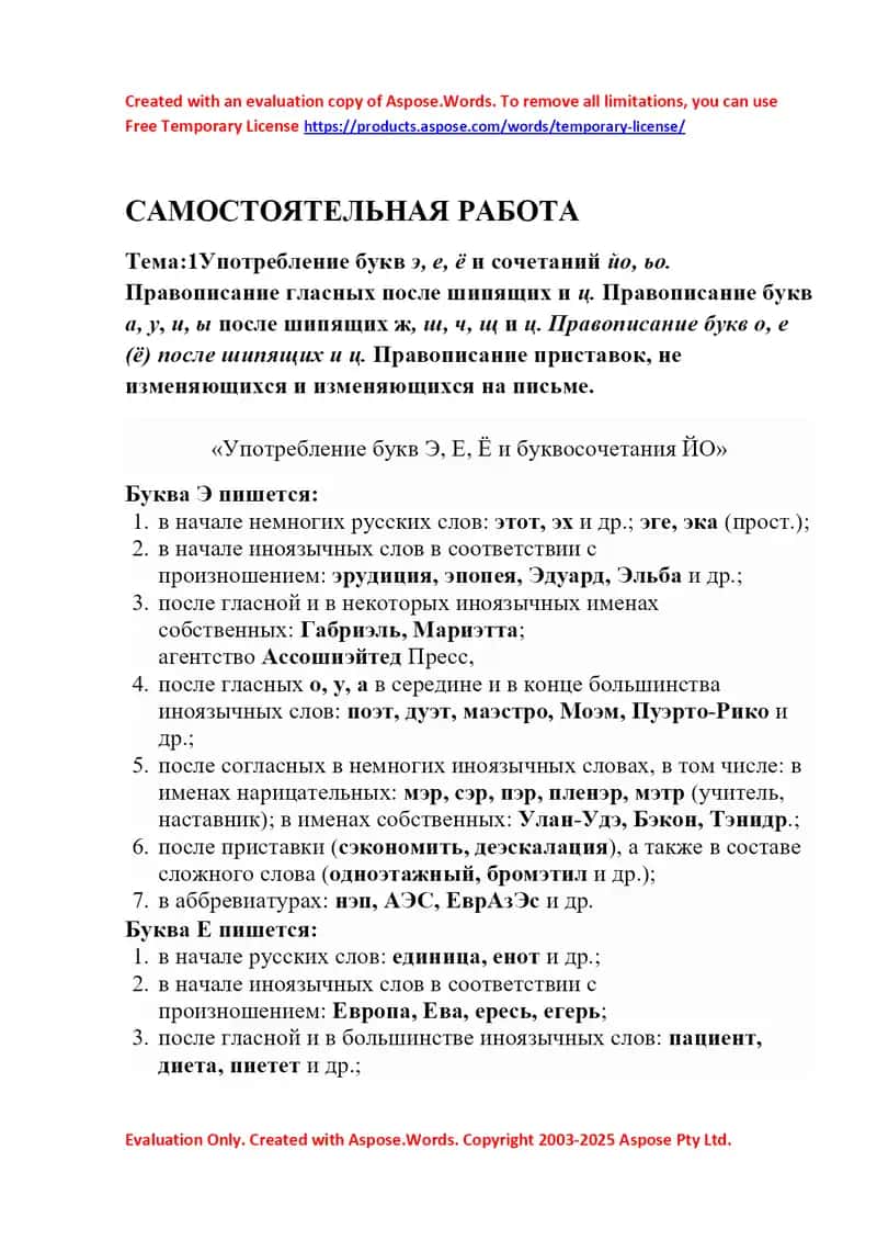 Самостоятельная работа по русскому языку: употребление букв Э, Е, Ё, сочетаний ЙО, правописание гласных после шипящих и приставок 1