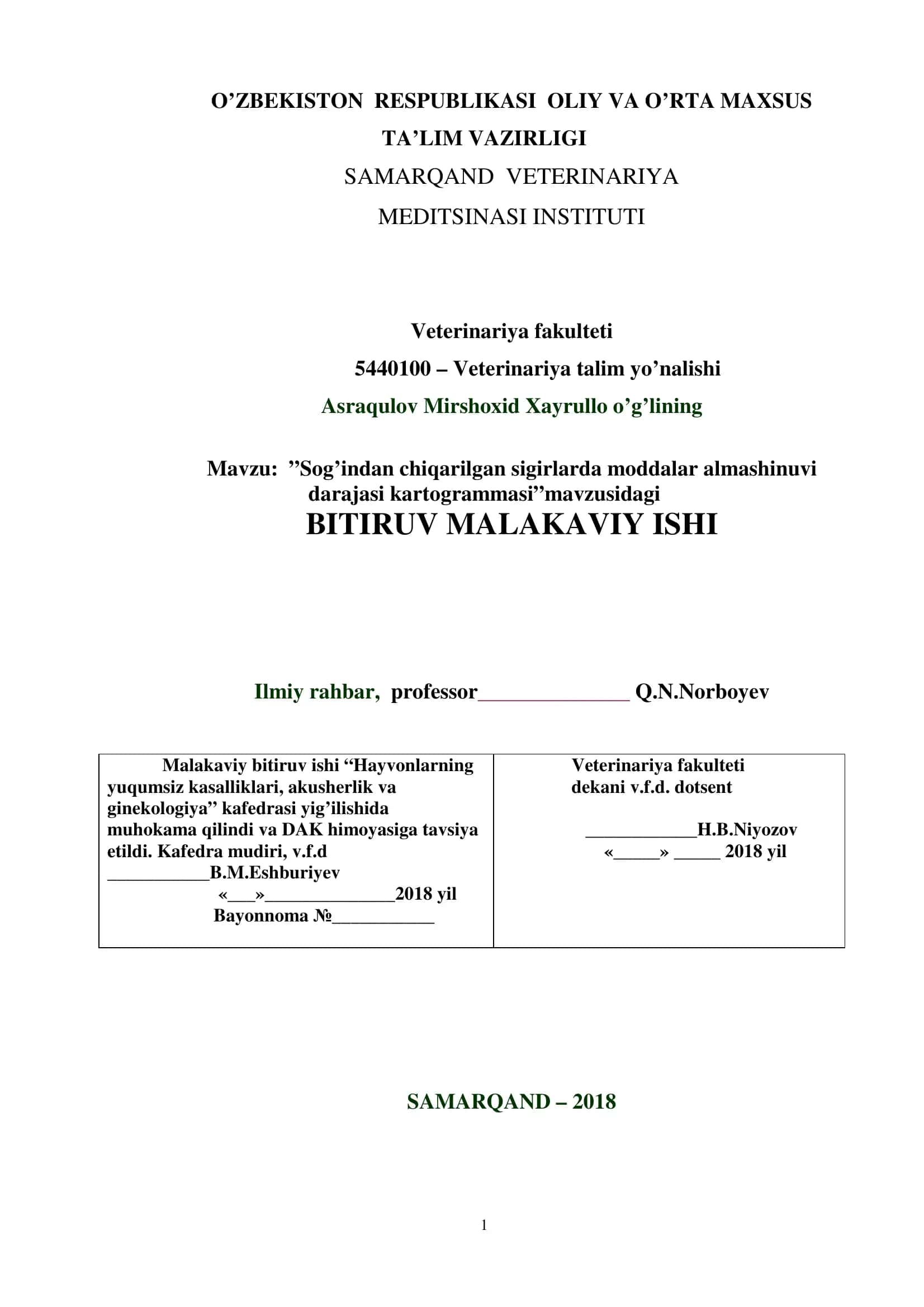 Sog’indan chiqarilgan sigirlarda moddalar almashinuvi darajasi kartogrammasi 1