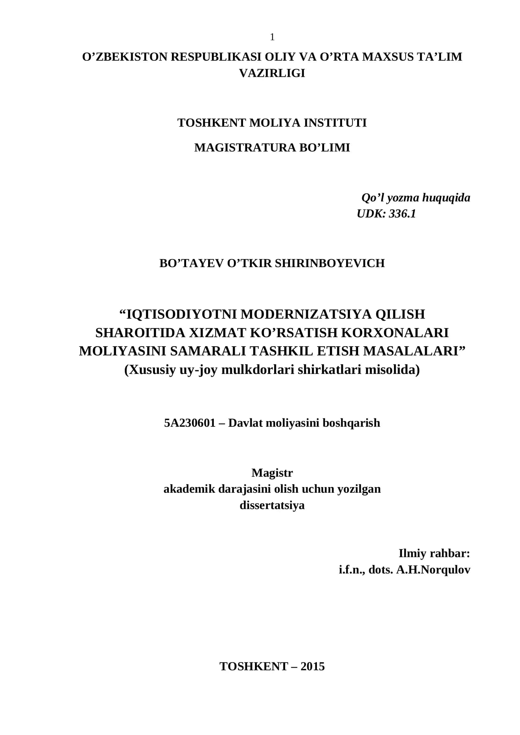 IQTISODIYOTNI MODERNIZATSIYA QILISH SHAROITIDA XIZMAT KO’RSATISH KORXONALARI MOLIYASINI SAMARALI TASHKIL ETISH MASALALARI 1