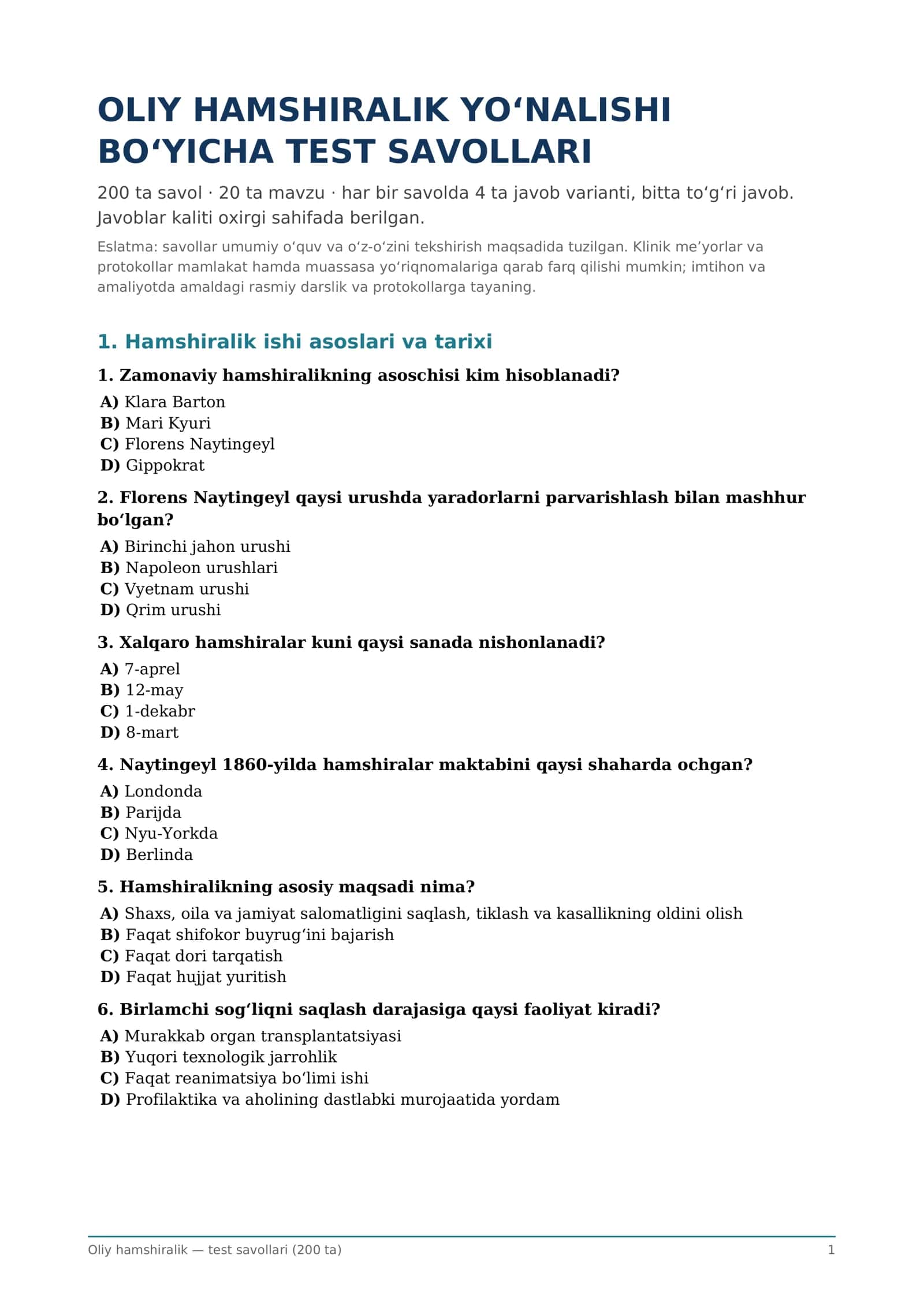 Oliy hamshiralik — test savollari (200 ta) 1