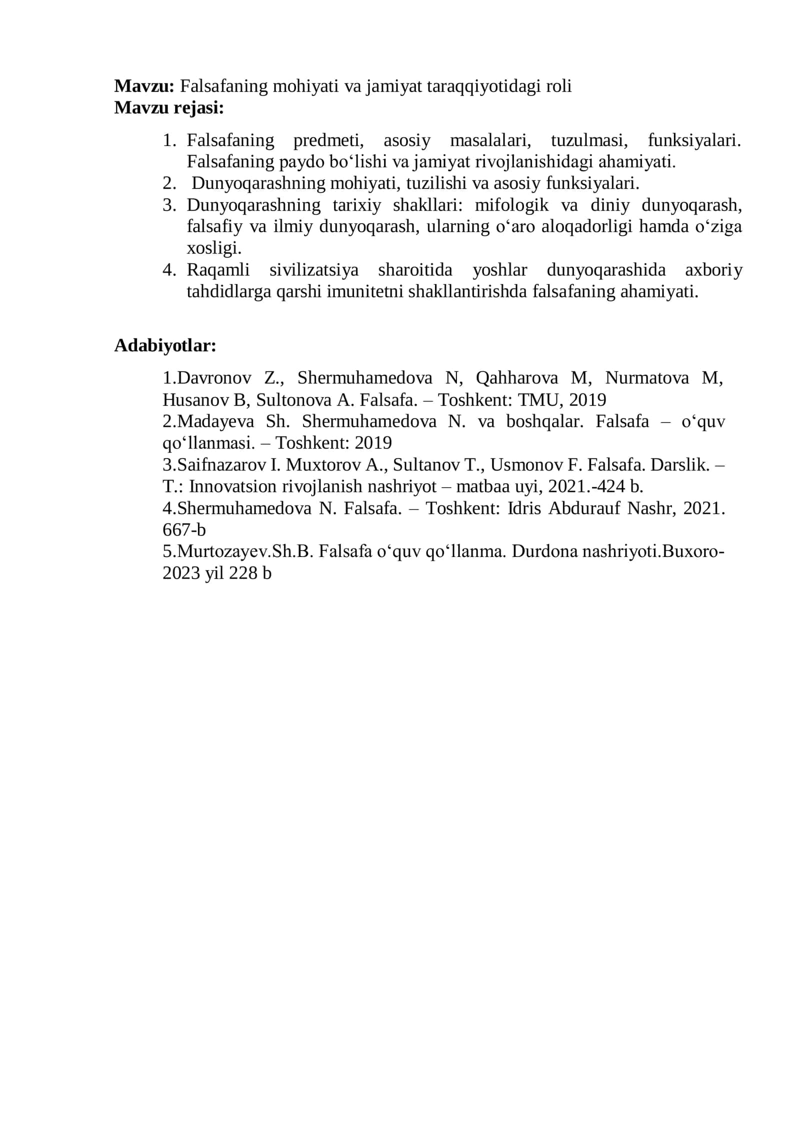 Falsafa. - Toshkent: TMU, 2019 1