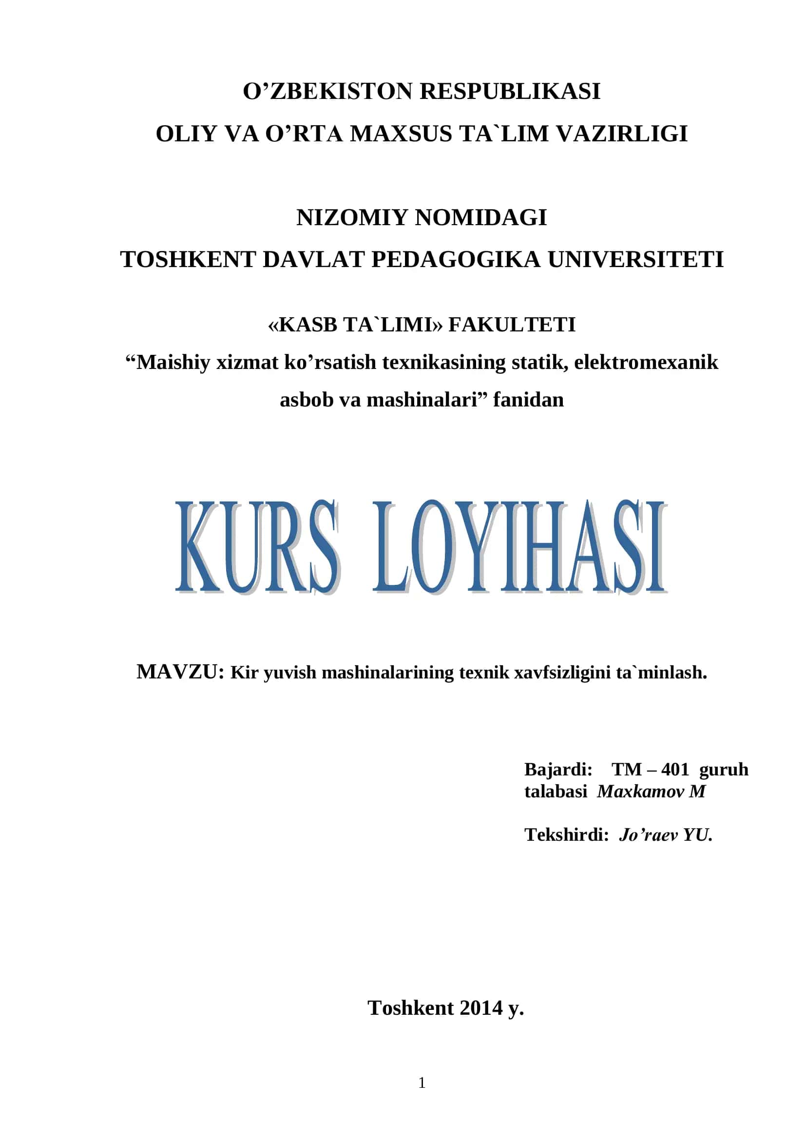 Kir yuvish mashinalarining texnik xavfsizligini ta`minlash 1