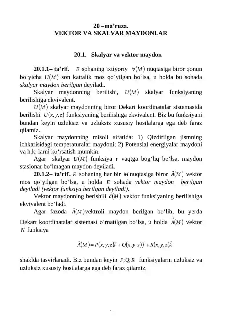 VEKTOR VA SKALYAR MAYDONLAR