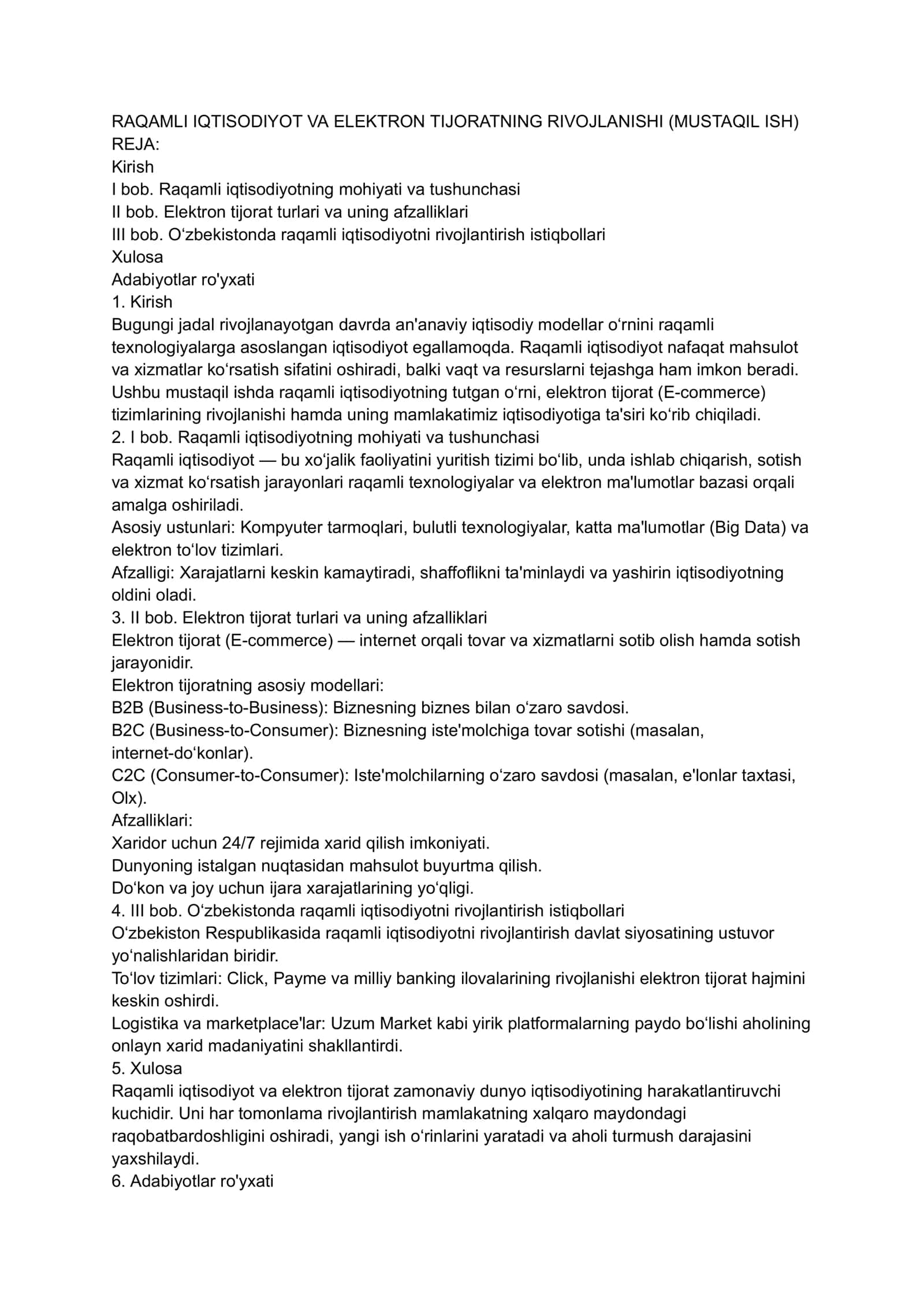 RAQAMLI IQTISODIYOT VA ELEKTRON TIJORATNING RIVOJLANISHI (MUSTAQIL ISH) 1