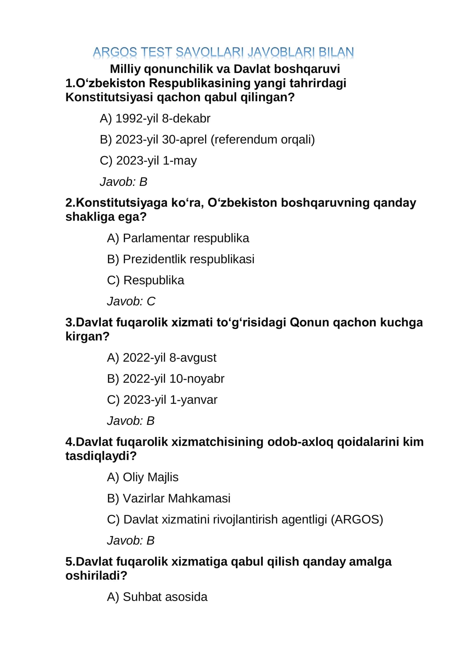 ARGOS TEST SAVOLLARI JAVOBLARI BILAN 1