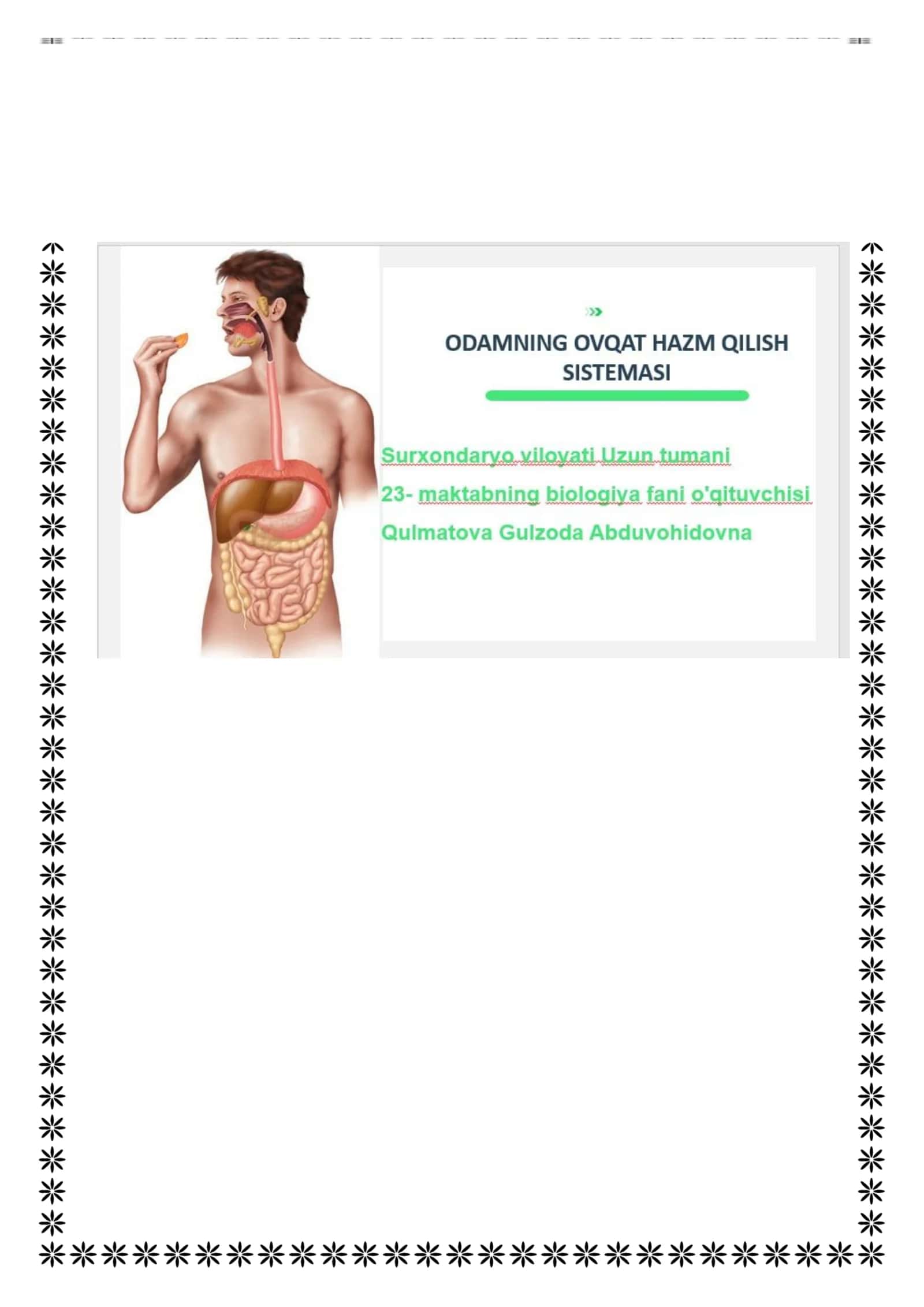 7-sinf Biologiya fanidan Odamning ovqat hazm qilish sistemasi mavzuda ochiq dars ishlanma 1
