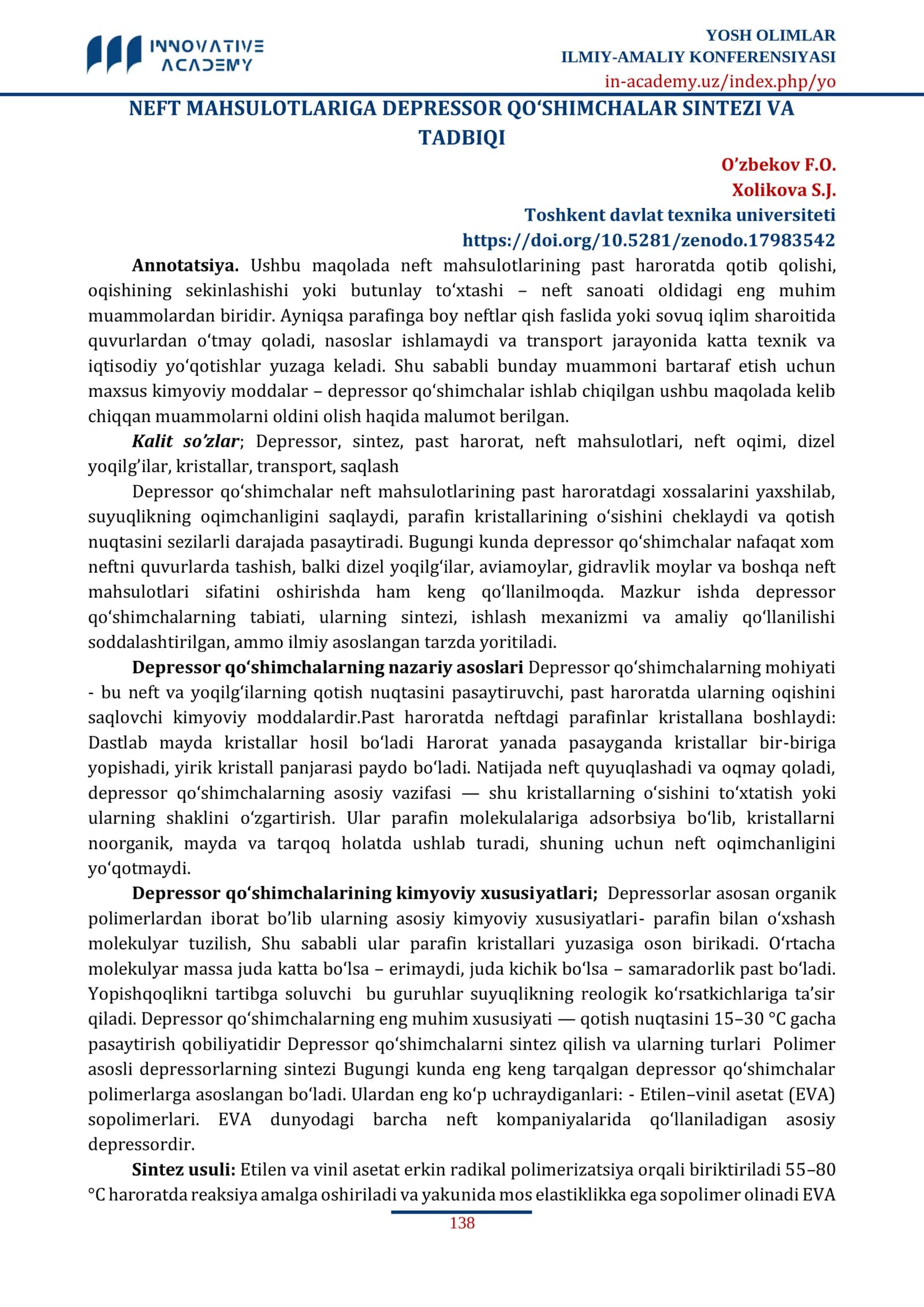 NEFT MAHSULOTLARIGA DEPRESSOR QO‘SHIMCHALAR SINTEZI VA TADBIQI 1