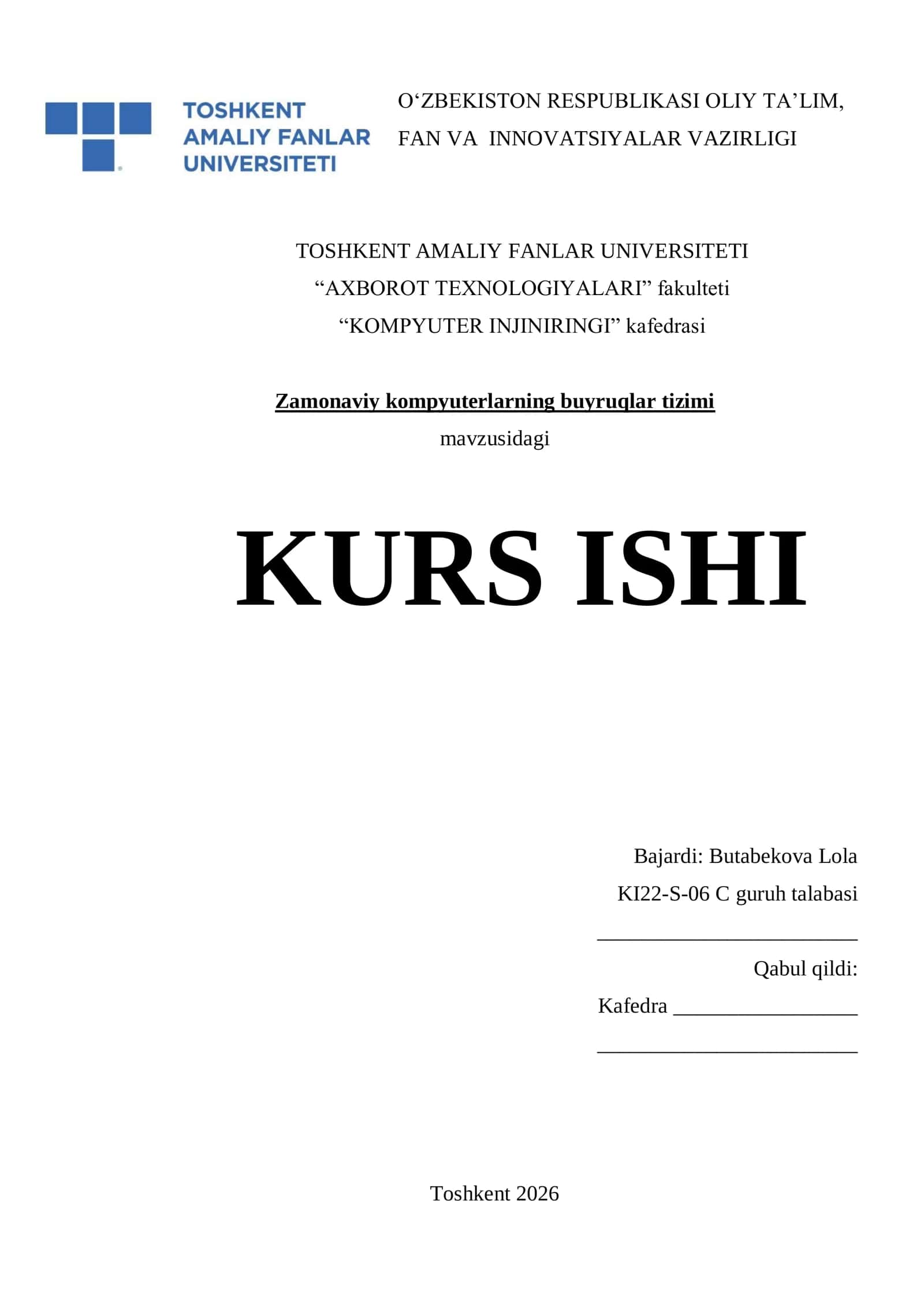 Zamonaviy kompyuterlarning buyruqlar tizimi KURS ISHI 1