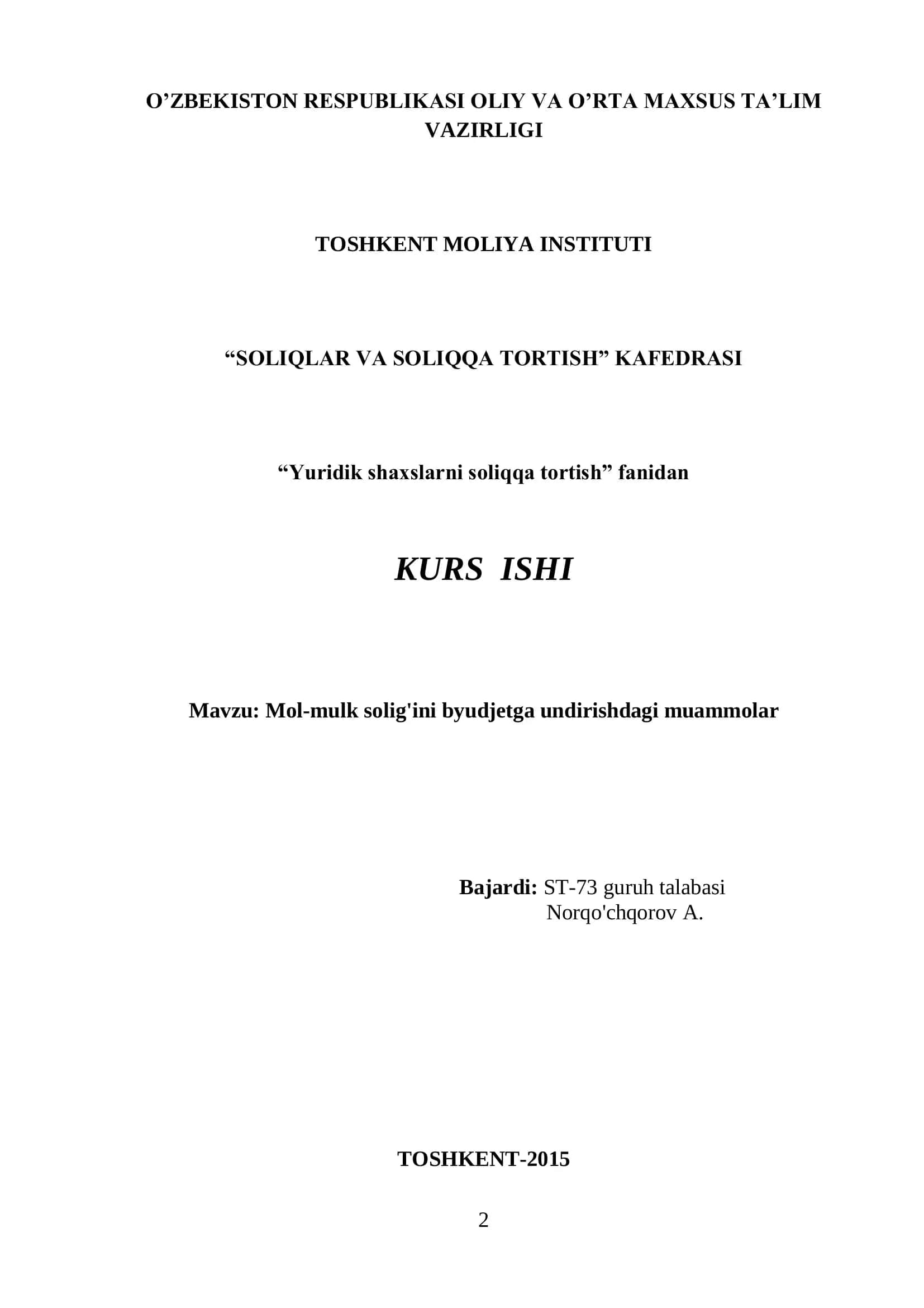 Mol-mulk solig'ini byudjetga undirishdagi muammolar 1