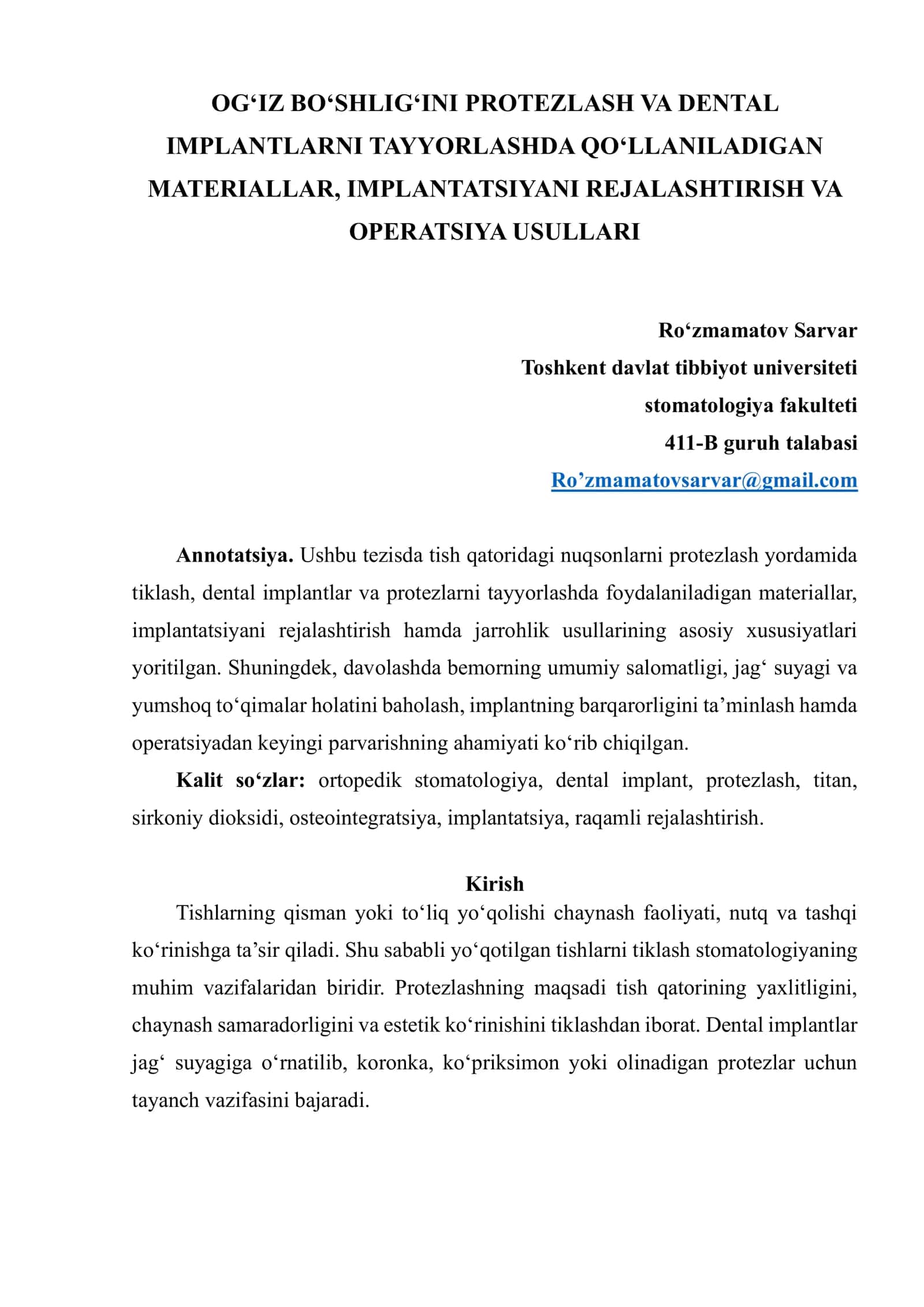 OG‘IZ BO‘SHLIG‘INI PROTEZLASH VA DENTAL IMPLANTLARNI TAYYORLASHDA QO‘LLANILADIGAN MATERIALLAR, IMPLANTATSIYANI REJALASHTIRISH VA OPERATSIYA USULLARI 1