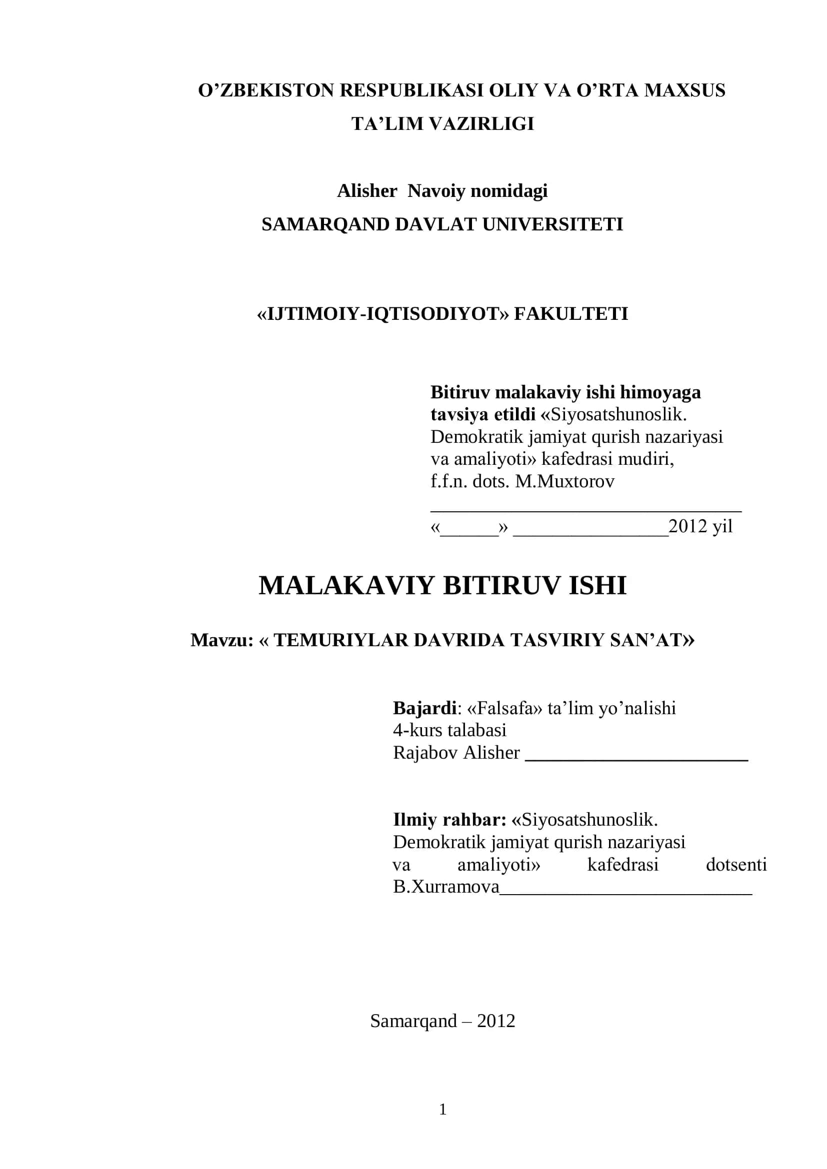 TEMURIYLAR DAVRIDA TASVIRIY SAN’AT 1