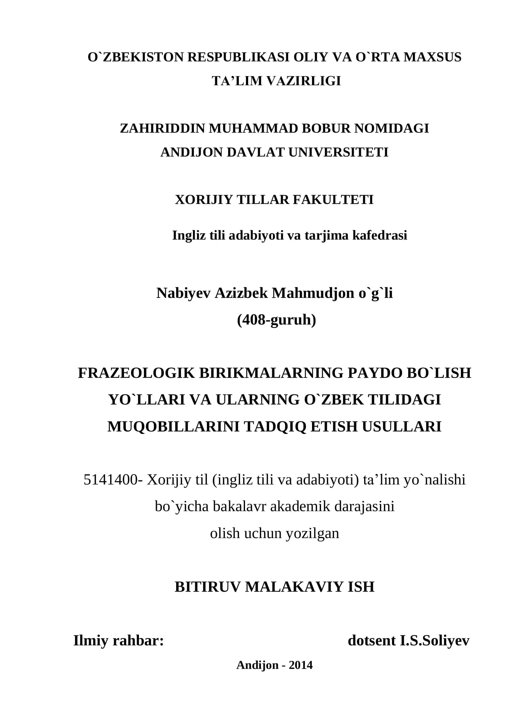FRAZEOLOGIK BIRIKMALARNING PAYDO BO`LISH YO`LLARI VA ULARNING O`ZBEK TILIDAGI MUQOBILLARINI TADQIQ ETISH USULLARI 1