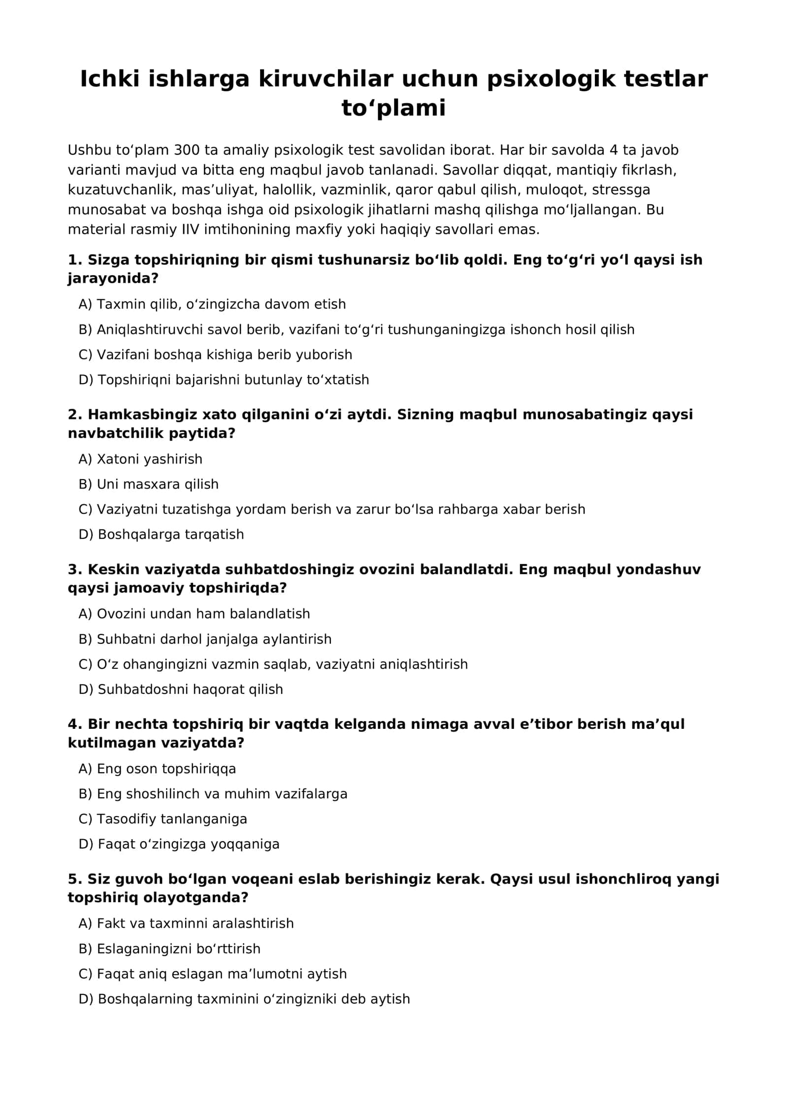 Ichki Ishlarga Kiruvchilar Uchun 300 Ta Psixologik Testlar To‘plami 1
