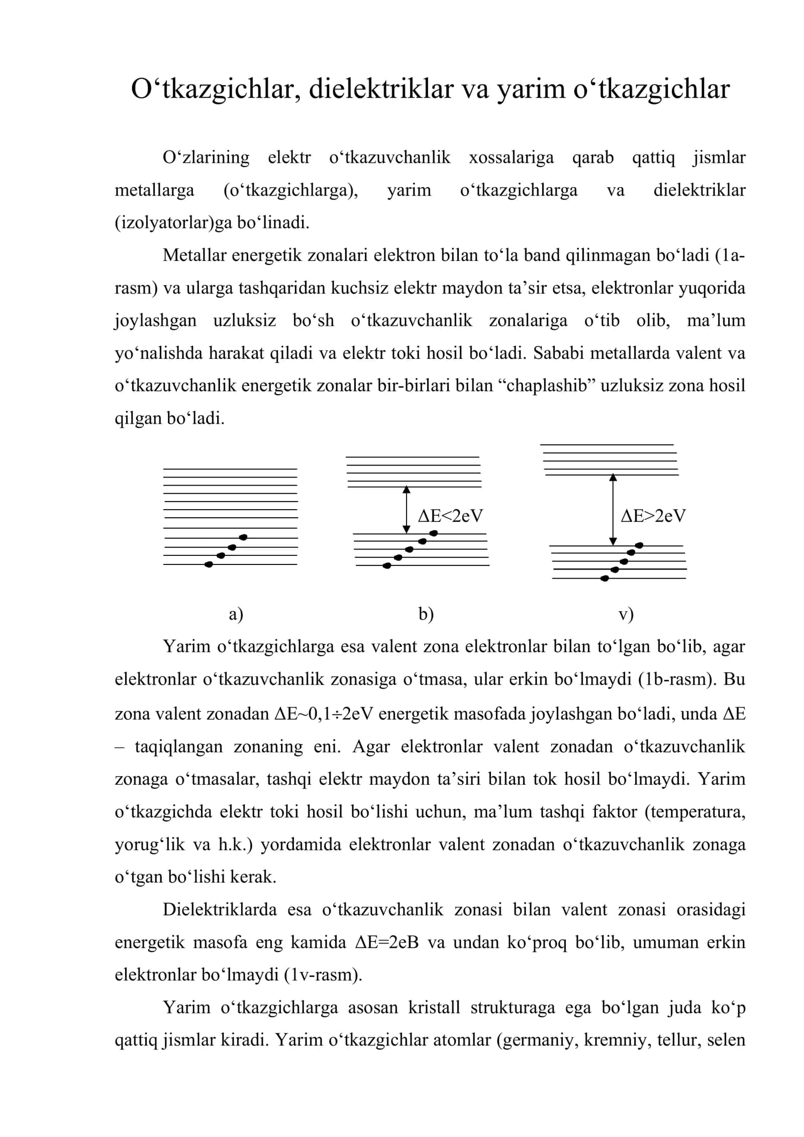 O‘tkazgichlar, dielektriklar va yarim o‘tkazgichlar 1