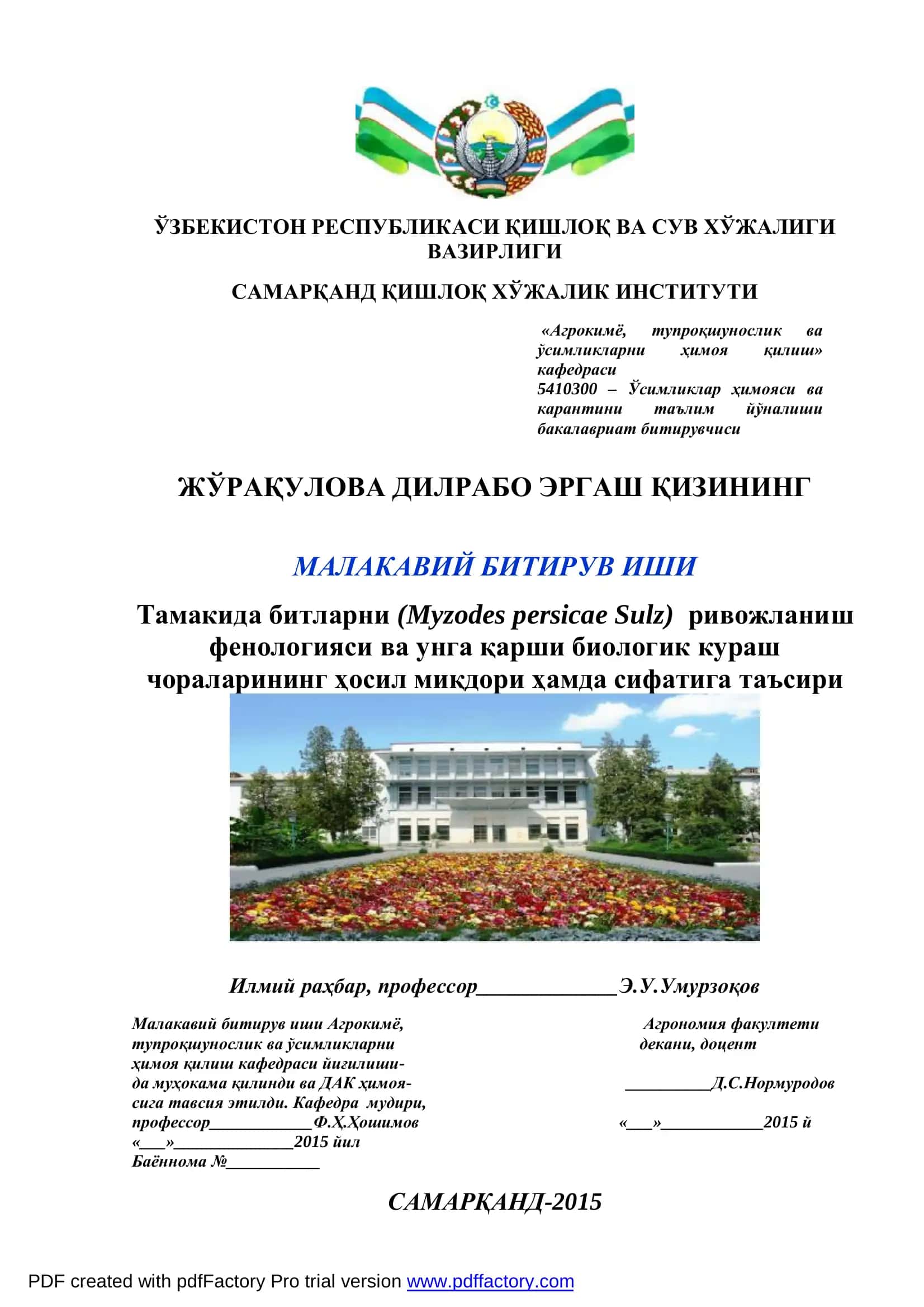 Тамакида битларни (Myzodes persicae Sulz) ривожланиш фенологияси ва унга қарши биологик кураш чораларининг ҳосил миқдори ҳамда сифатига таъсири 1