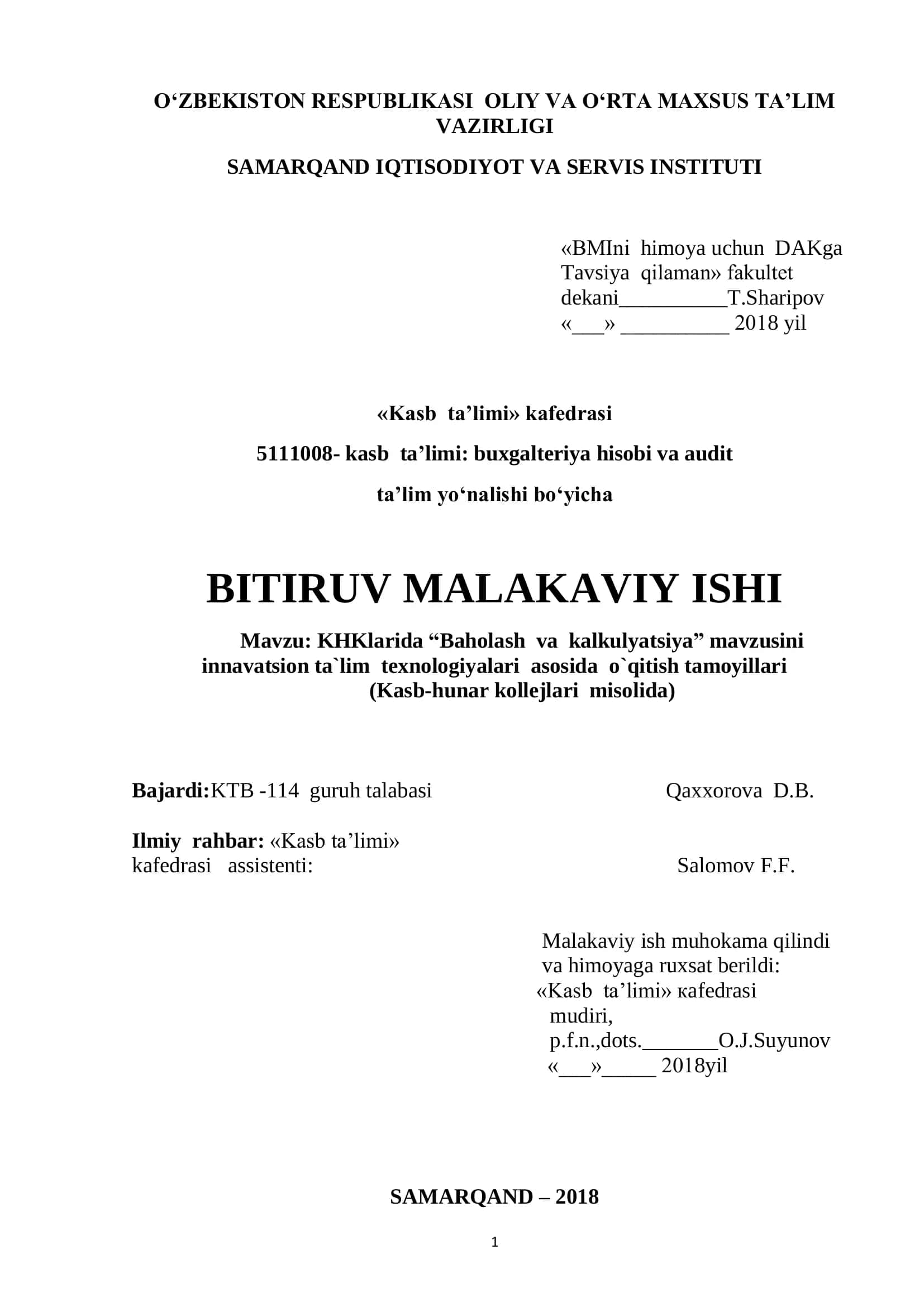 KHKlarida “Baholash va kalkulyatsiya” mavzusini innavatsion ta`lim texnologiyalari asosida o`qitish tamoyillari 1