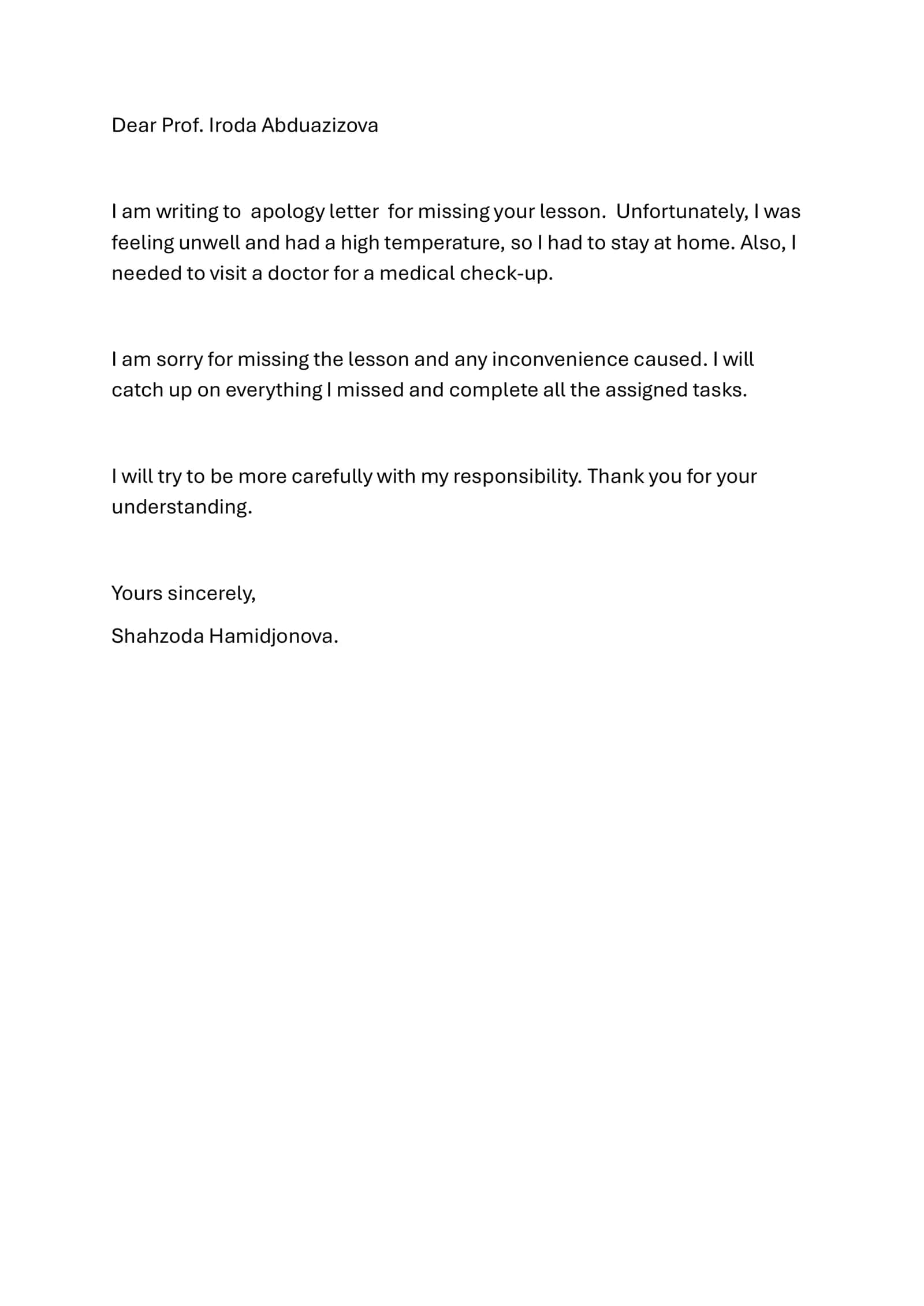 Apology Letter for Missing Lesson 1