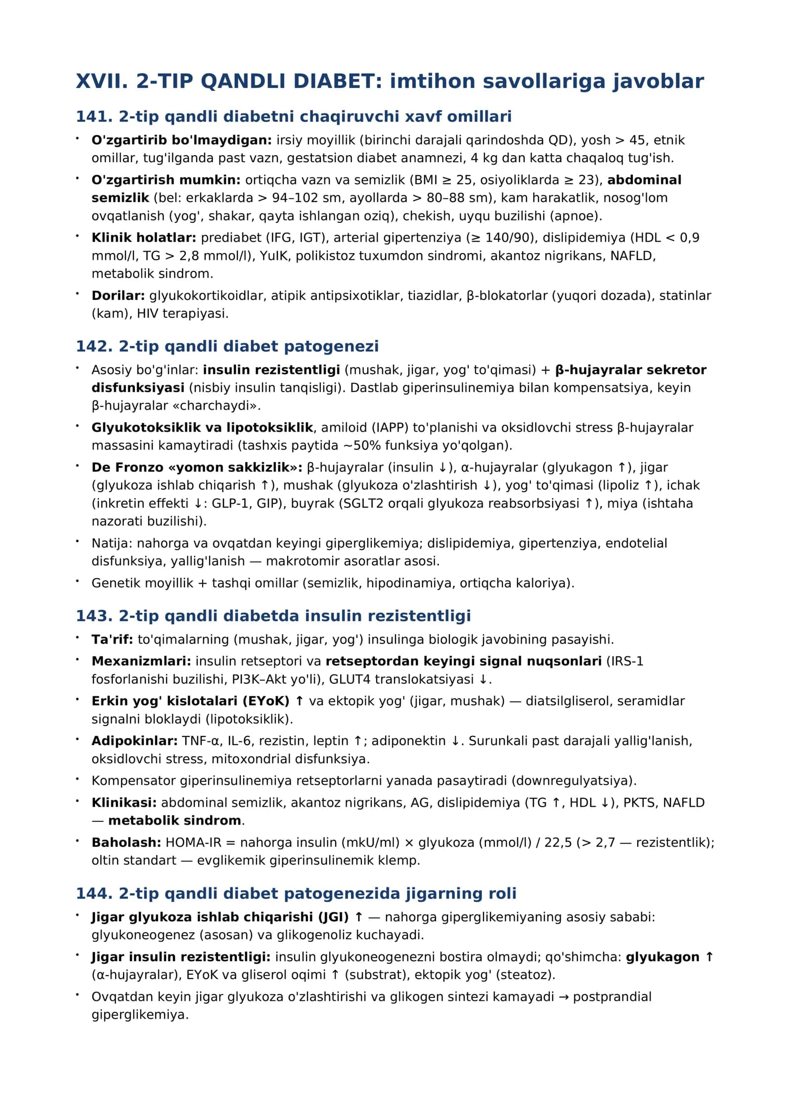 XVII. 2-TIP QANDLI DIABET: imtihon savollariga javoblar 1