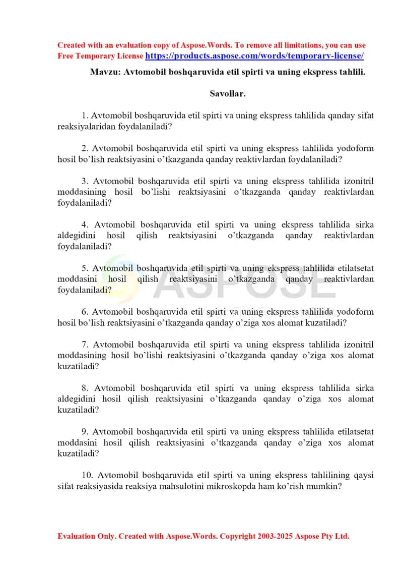 4. Avtomobil boshqaruvida etil spirti va uning ekspress tahlili. Savol-javob, 10 ta. 1