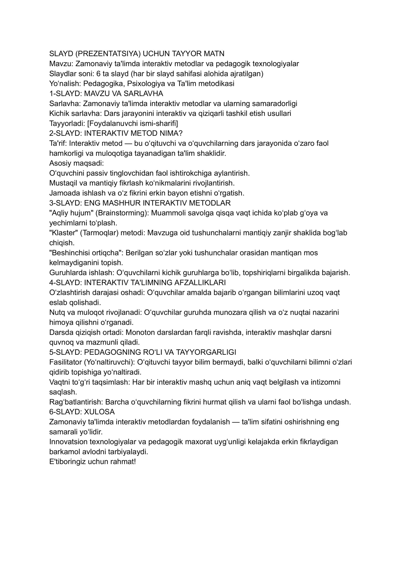 Slayd (Prezentatsiya) Uchun Tayyor Matn 1