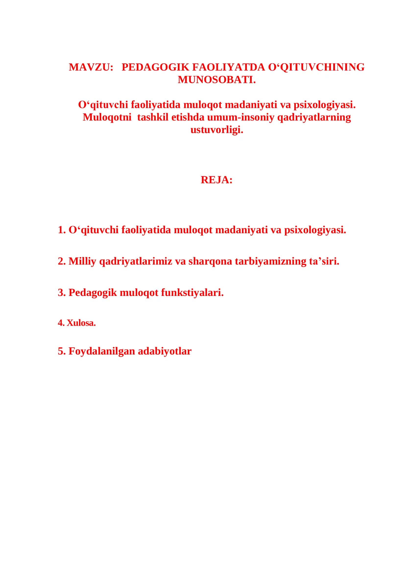 PEDAGOGIK FAOLIYATDA O‘QITUVCHINING MUNOSOBATI 1