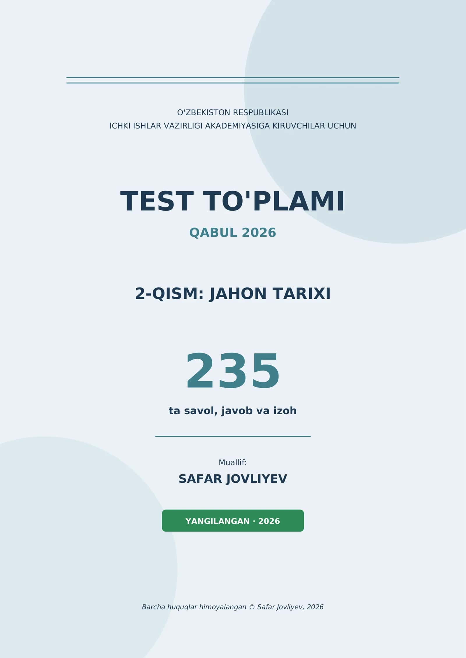 TEST TO'PLAMI QABUL 2026: JAHON TARIXI 1
